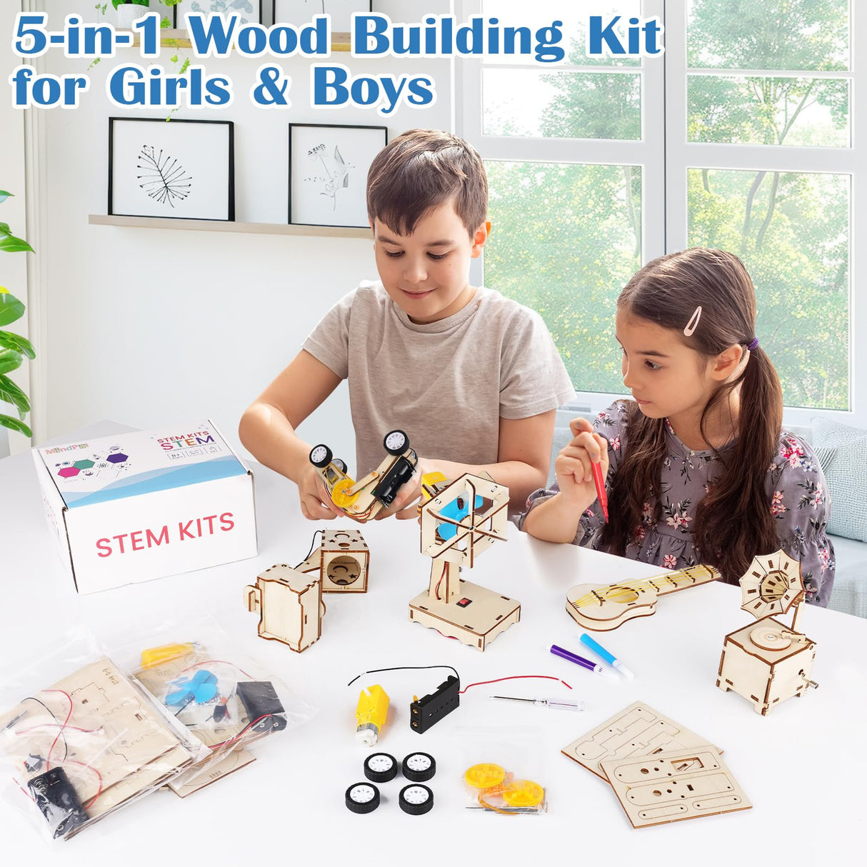 MindPal 5 in 1 Wood STEM Kits for Kids Age 8-10, Music Engineering Kits, Science Kits for Kids Age 8-12, Wooden 3D Puzzles, Building Kits Crafts Toys, for Boys Girls Age 8 9 10 11 12 MindPal
