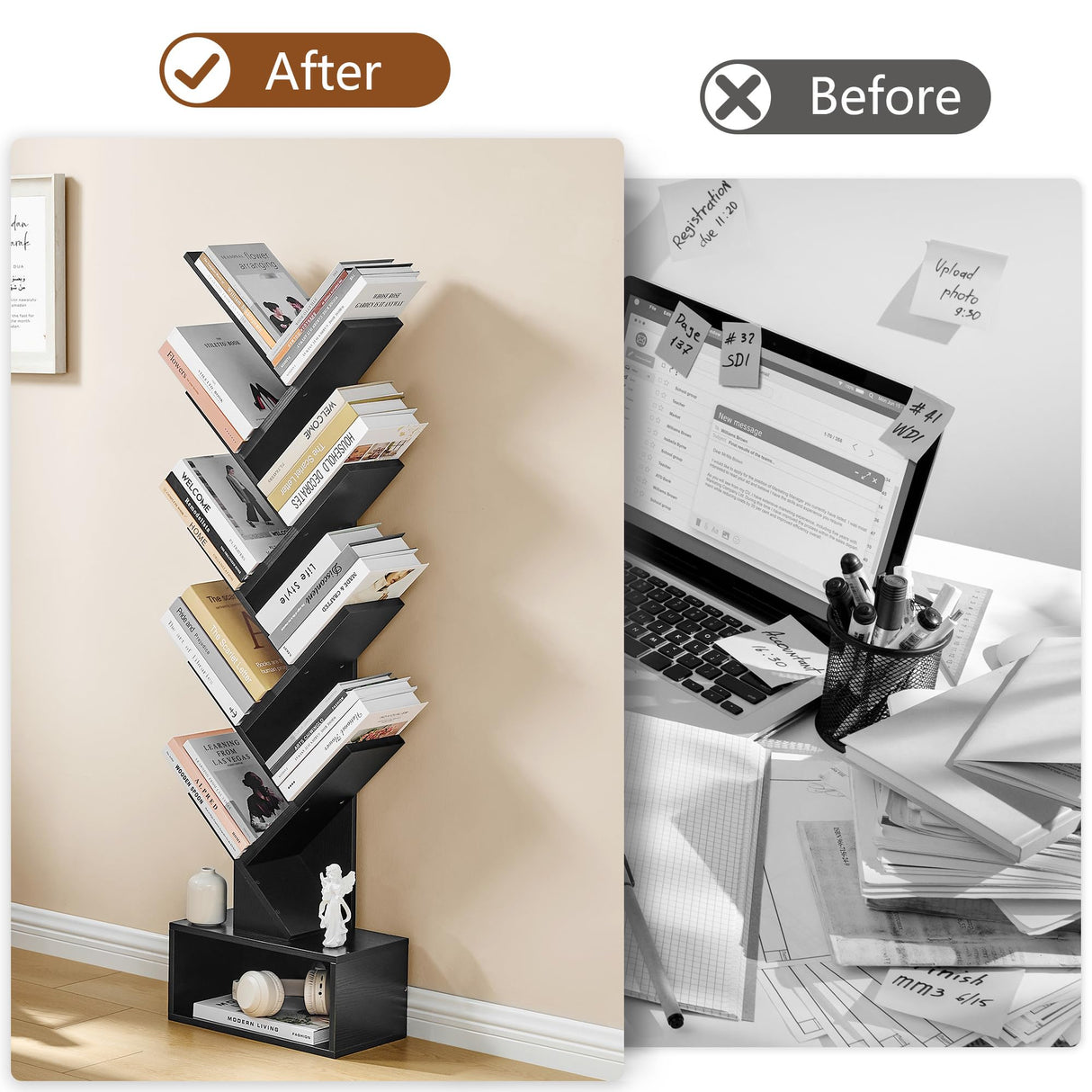 Hoctieon 9 Tier Tree Bookshelf, Tall Bookcase with Drawer, Wood Book Shelf, Modern Floor Standing Bookshelves, Book Organizer Shelves for Bedroom, Living Room, Home Office, Black Hoctieon