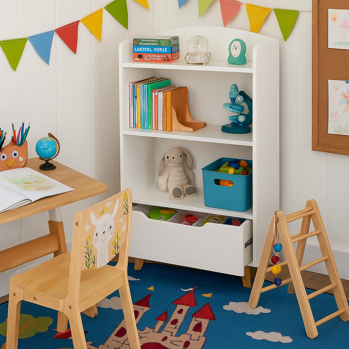 UTEX Kids Bookshelf, Children Bookcases with Storage and Drawer, Wood Kids Toy Storage Organizer for Playroom, Nursery School, White UTEX