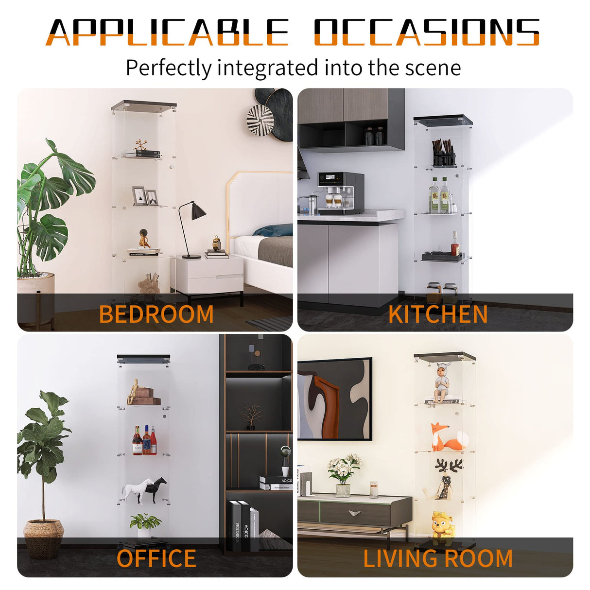 Beauty4U Glass Display Cabinet with 4 Shelves, Curio Cabinets for Living Room, Bedroom, Office, Black Floor Standing Glass Bookshelf, Quick Installation Beauty4U