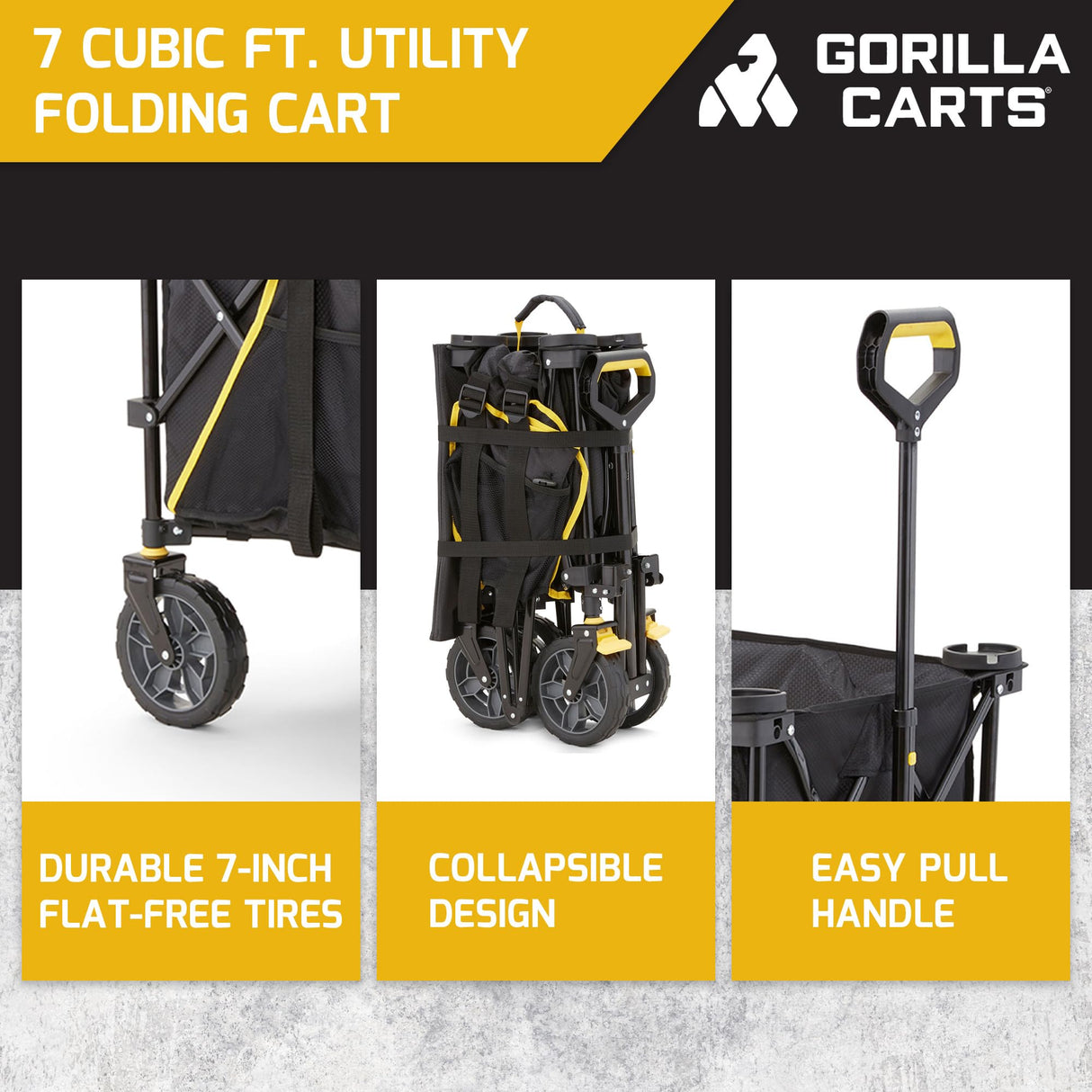 Gorilla Carts Foldable Wagon, Heavy Duty Collapsible Cart with Wheels, 7 Cu Ft, Black Gorilla Carts
