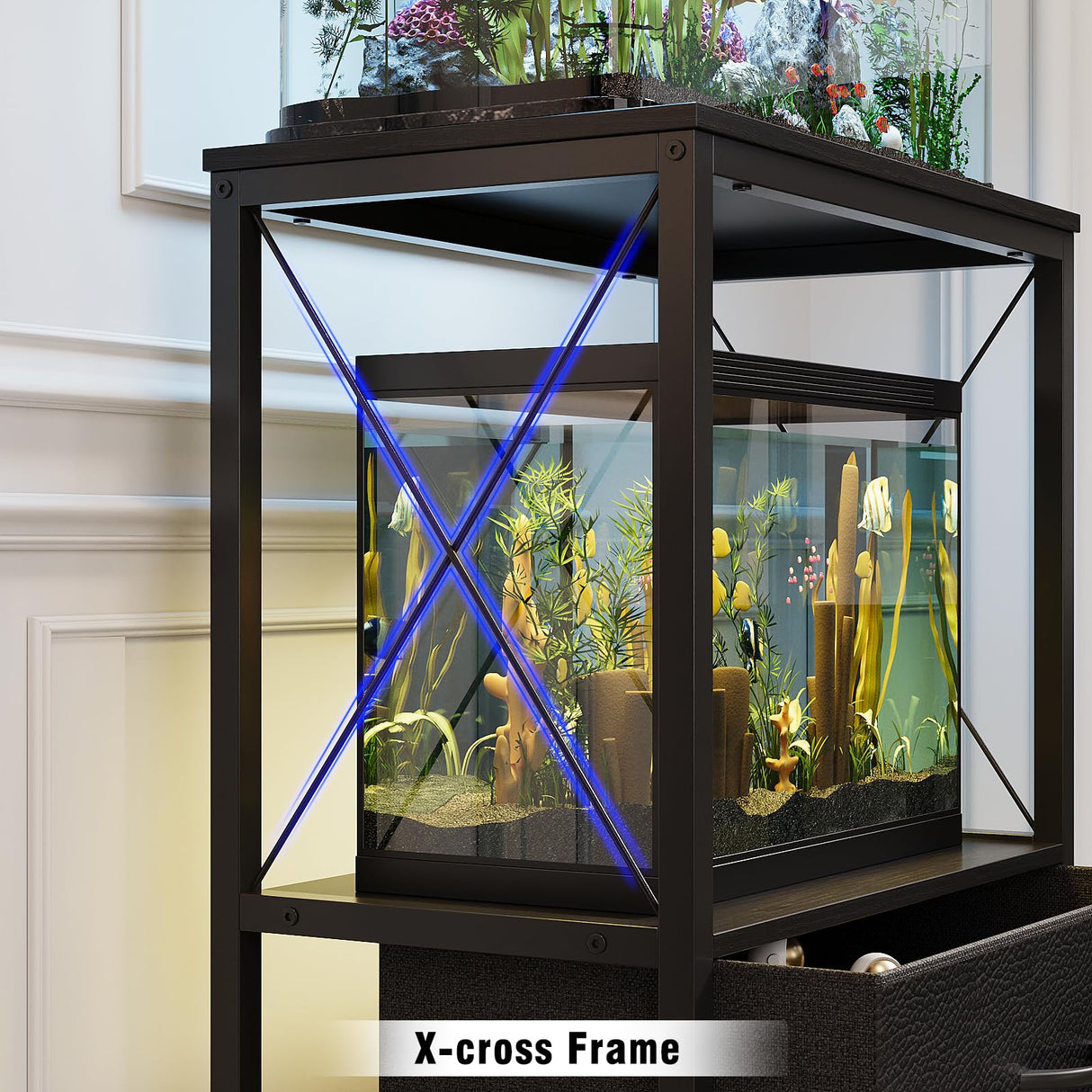 Welfuturer Aquarium Stand 10 Gallon with 2-Tier Shelf, Fish Tanks Stand with 2 Drawers, Metal Frame Heavy Duty Reptile/Turtle Tank Stand for Home Office, Fish Tanks Accessories Storage, Black Welfuturer