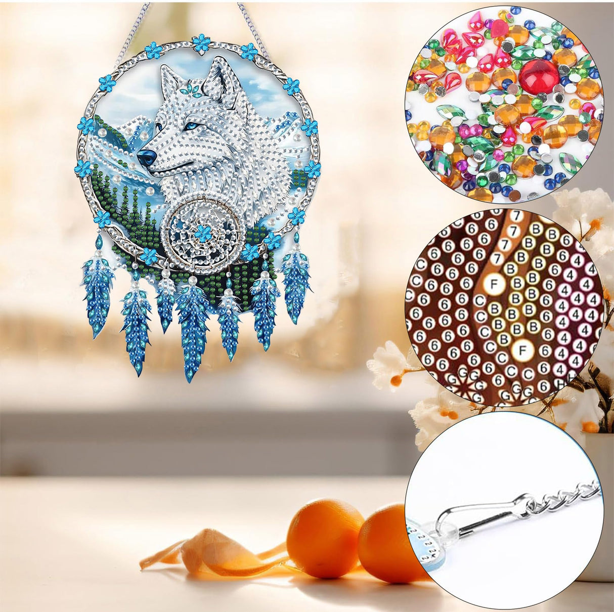 Bimkole Dream Catcher Wolf Diamond Art Hanging Kit for Adult, DIY 5D Diamond Art Painting Window Pendant, Acrylic Crystal Art Hanging Ornament for Wall Home Garden Front Door Decor - 7.8x7.8 Inch Bimkole