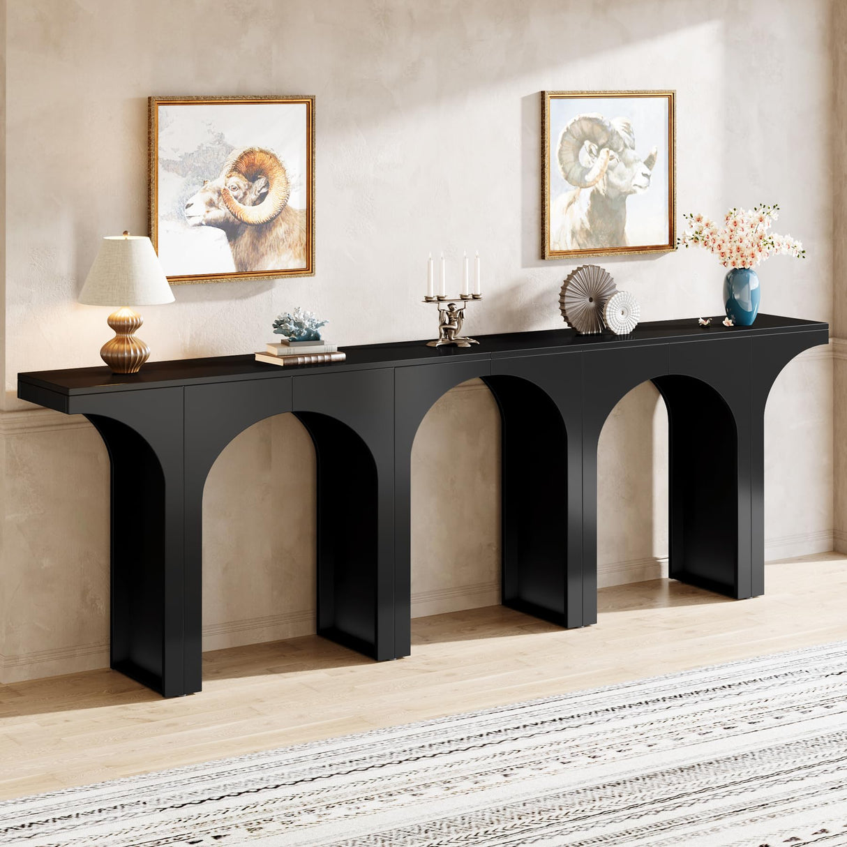 Tribesigns Black Console Table, 94-Inch Entryway Console Table, Wood Sofa Table Behind Couch with Arched Base, Narrow Hallway Table, Modern Foyer Accent Table for Entrance Living Room (Set of 2) Tribesigns