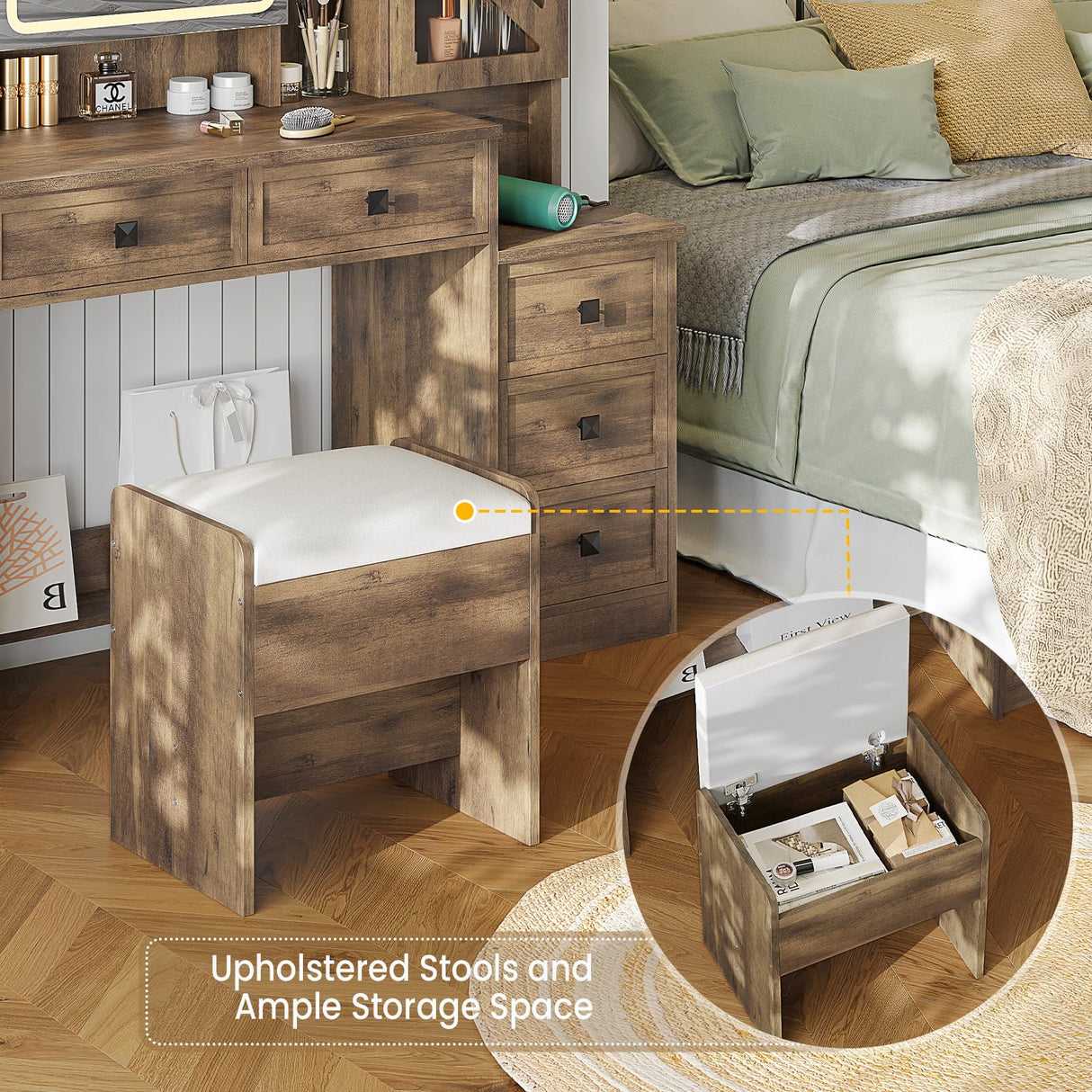 AOGLLATI Farmhouse Vanity Desk with Mirror and Lights, Makeup Vanity Set with Lights & Jewelry Cabinet & 5 Drawers, Vanity Table with Charging Station, Hidden Storage Space for Bedroom, Brown AOGLLATI