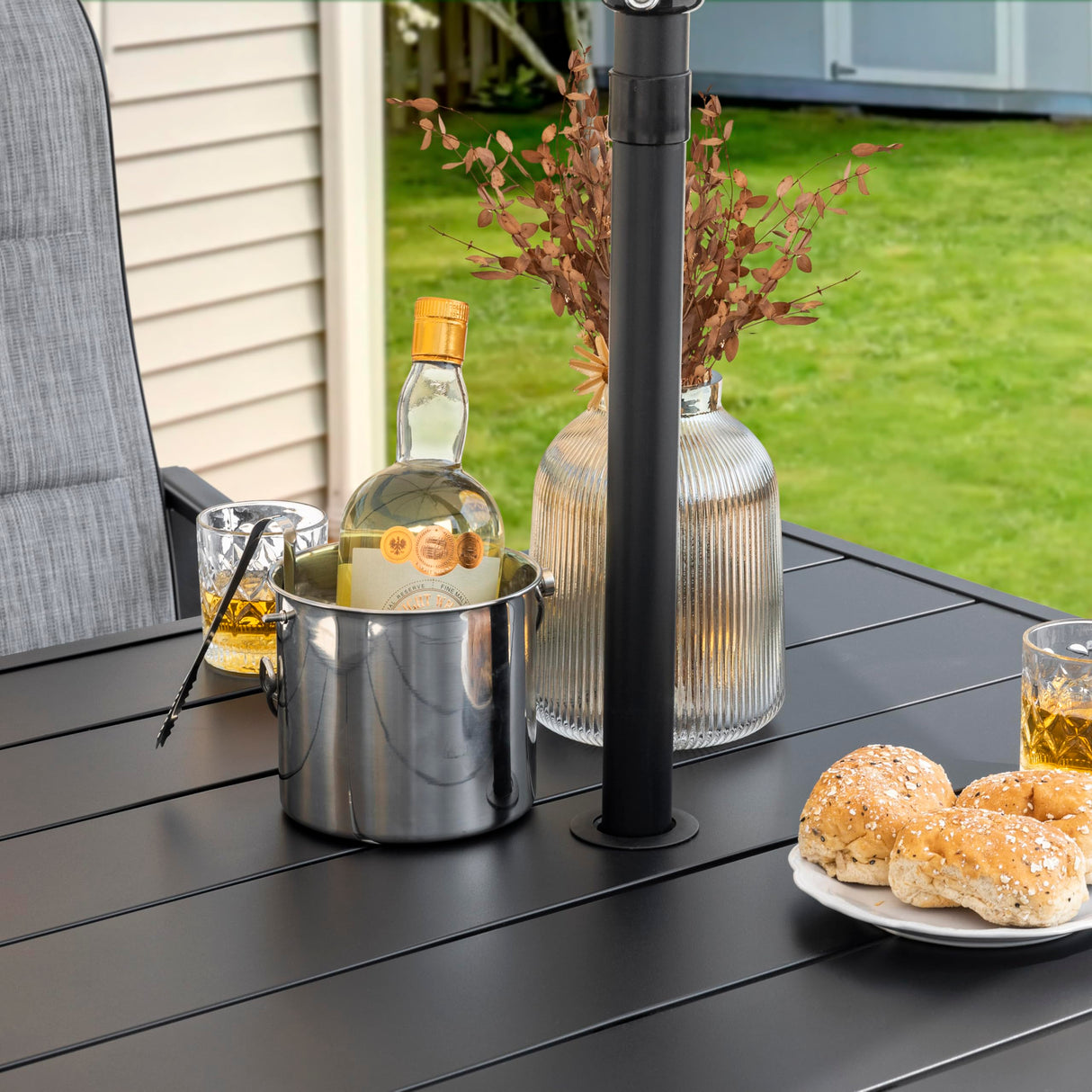 NUU GARDEN 5-Piece Outdoor Dining Set, All Weather Outdoor Padded Textilene Patio Chairs and Square Dining Table with Umbrella Hole for Backyard, Patio, Garden, Deck, Light Black and Grey NUU GARDEN