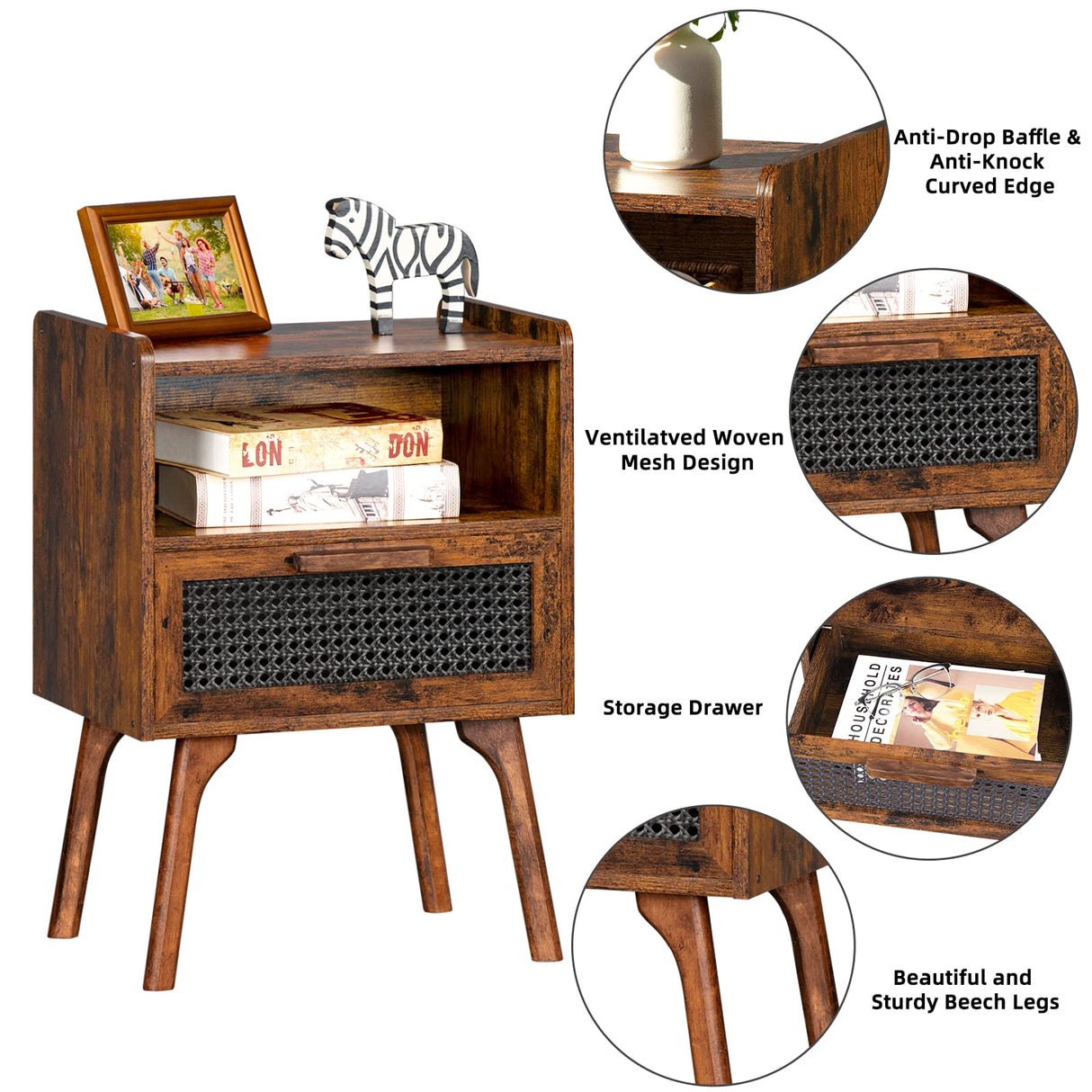 Lerliuo Rattan Nightstands Set of 2, Boho Side Table with Drawer Open Shelf, Cane Accent Bedside End Table with Solid Wood Legs for Bedroom, Dorm and Small Spaces (Brown) Lerliuo