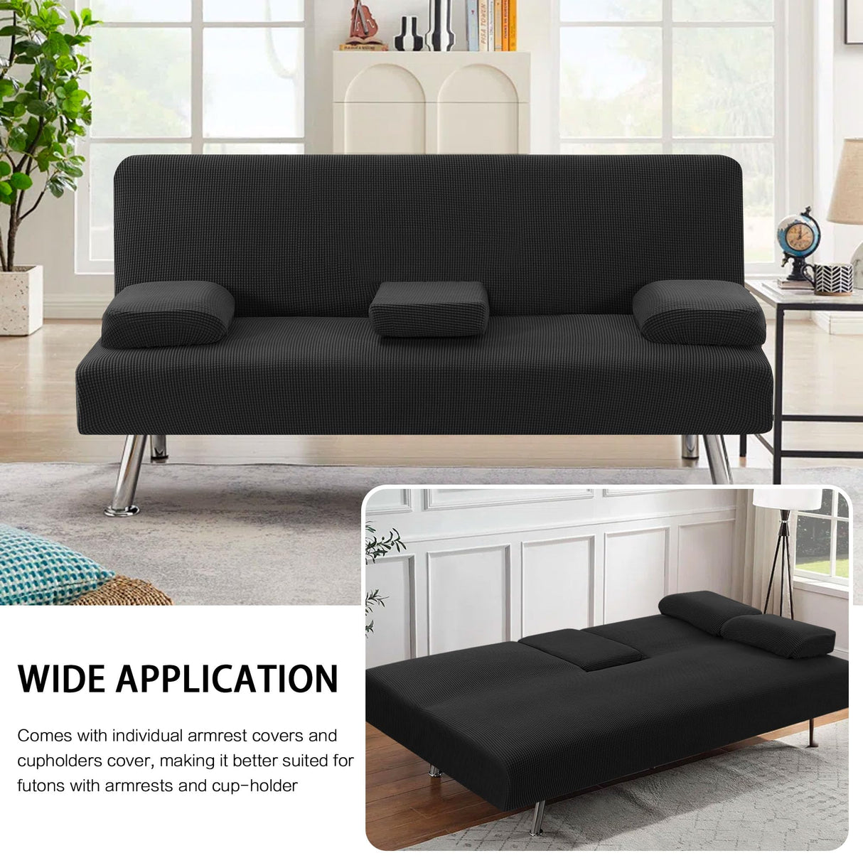H.VERSAILTEX 4 Pieces Stretch Futon Covers Sofa Bed Slipcover with Removable Armrests and Cupholders Covers Furniture Protector High Spandex Small Checks Jacquard Fabric, Black H.VERSAILTEX