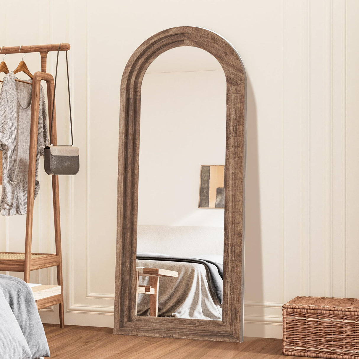 CASSILANDO Full Length Mirror Arched 65"x24" Wood Wall Full Length Distressed Large Floor Mirror for Living Room, Bedroom, Entrance.(Coffee) CASSILANDO