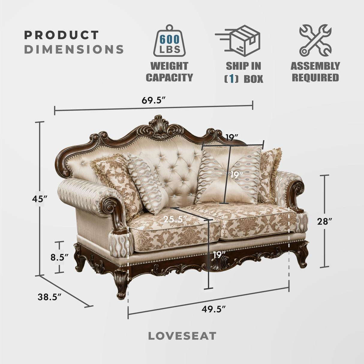 Lexicon Traditional Sofa Couch for Living Room, Rolled Arm Sofa with 4 Accent Pillows, Tufting, Queen Legs in Cherry Finish with Gold Tipping, Upholstered Living Room Furniture, 2 Seater Couch, Brown Lexicon