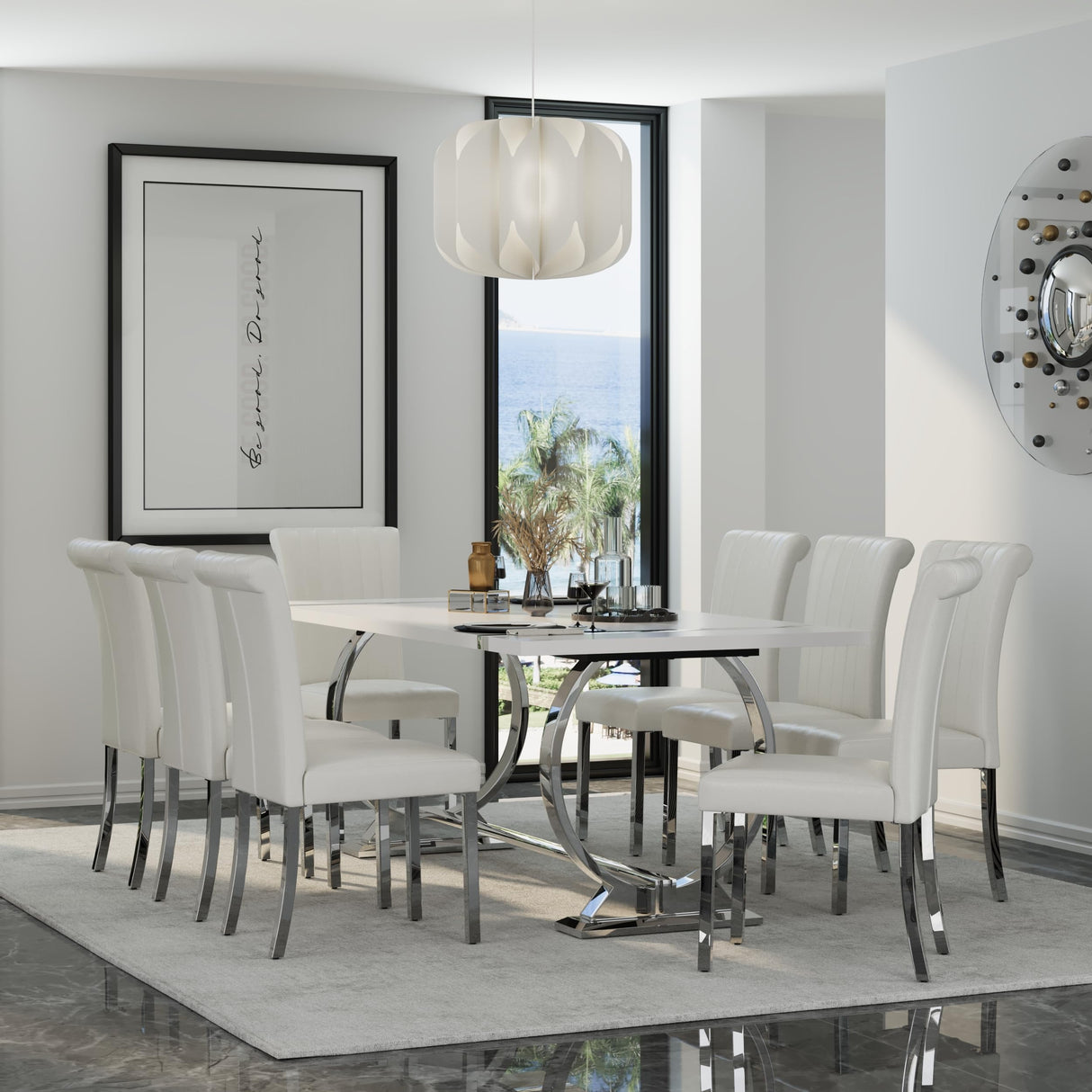 Asday 9 Piece Dining Table Set, Luxury White and Silver Dining Room Table Set with 80 inch Rectangular Dining Table and 8 White Leather Dining Chairs Asday