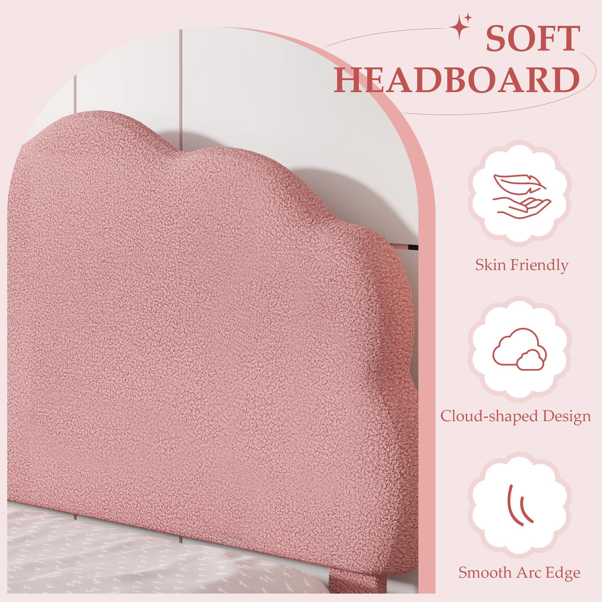 VECELO Twin Size Bed Frame, Upholstered Platform Bedframe with Height Adjustable Plush Fabric Headboard, Strong Wood Slat Supports, No Box Spring Needed, Pink VECELO