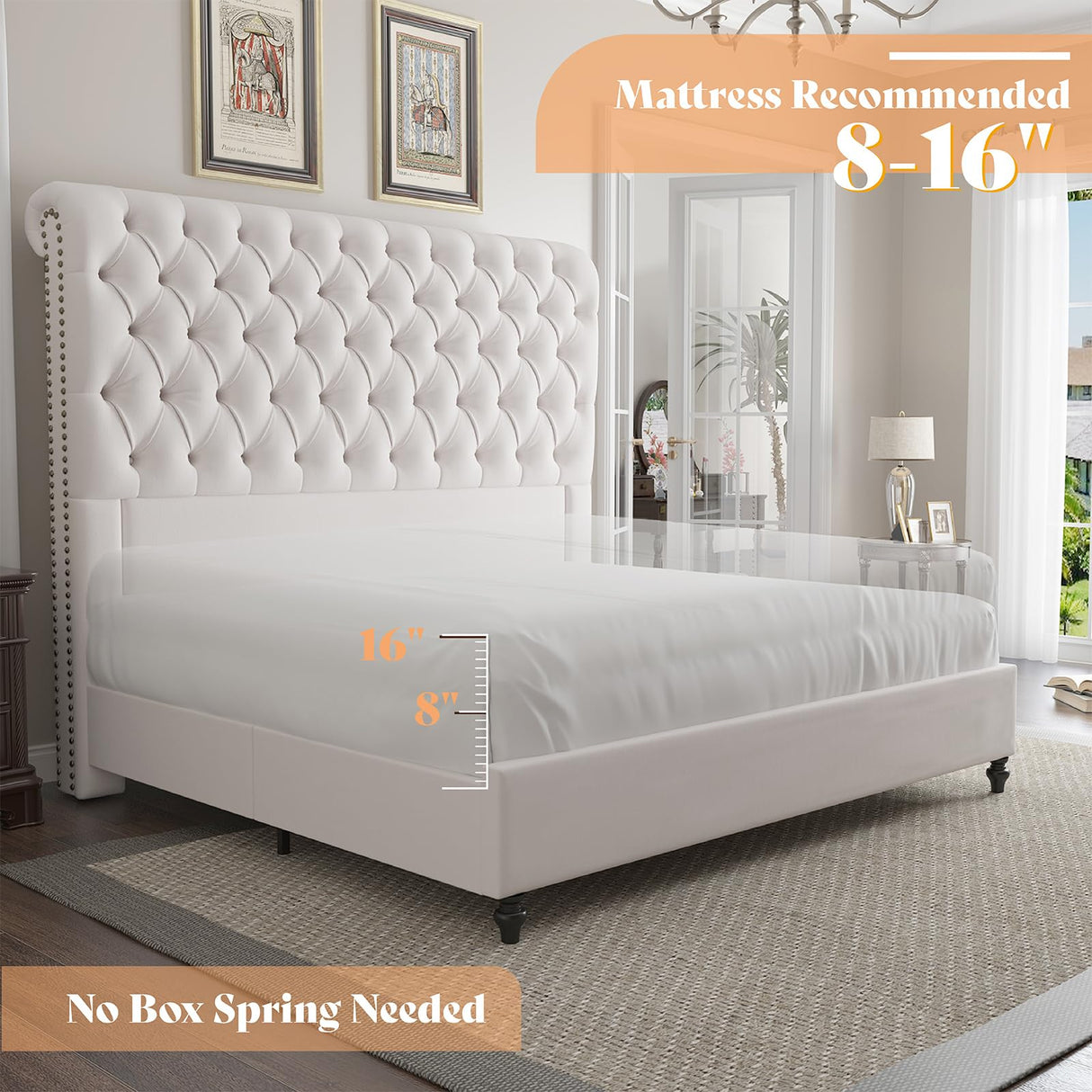 AMERLIFE King Size Bed Frame 60" Tall Sleigh Headboard Bed with Velvet Upholstered Platform, No Box Spring Needed, Cream AMERLIFE