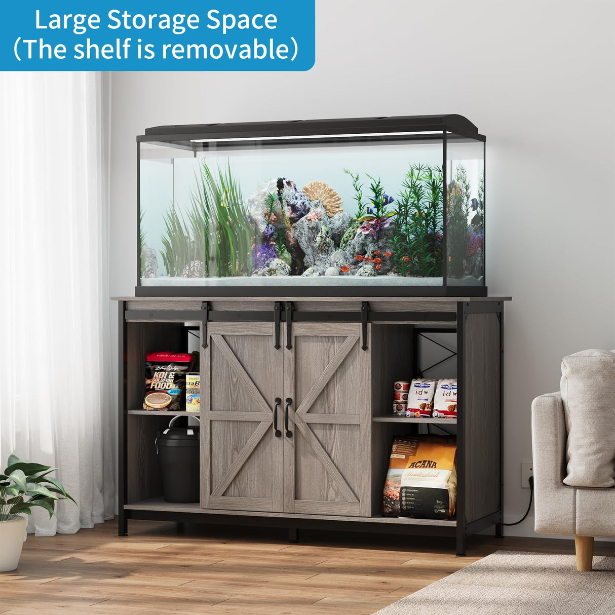 VOWNER Farmhouse 55-75 Gallon Fish Tank Stand with Power Outlet, Aquarium Stand with Storage Cabinet and Sliding Barn Door, Heavy Duty Reptile Tank Stand, for 2 Tanks, 1000LBS Capacity, Grey VOWNER