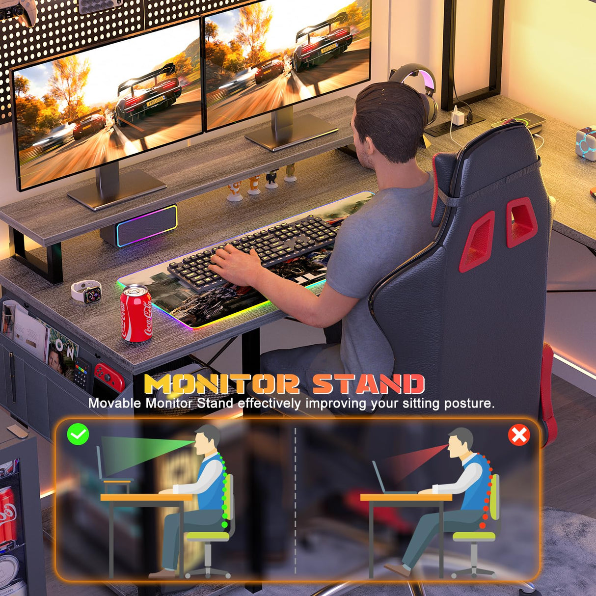 Aheaplus Small L Shaped Gaming Desk with LED Lights & Power Outlets, Reversible L-Shaped Computer Desk with Monitor Stand & Storage Shelf, Corner Desks Home Office Desk with Storage Bag, White Oak Aheaplus