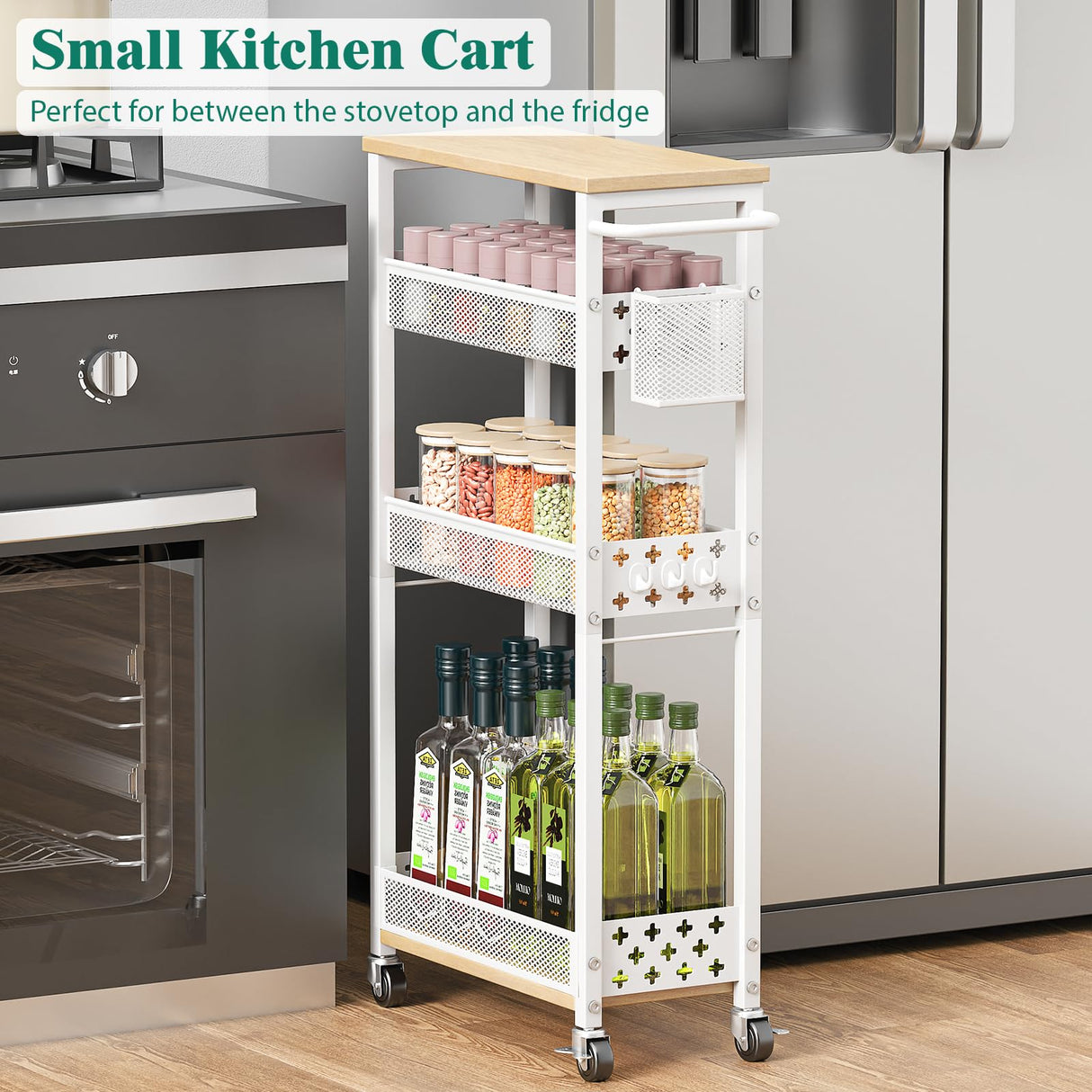 Slim Storage Cart 4 Tier Laundry Cart with Wheels, Narrow Metal Kitchen Rolling Carts Bathroom Organizers Storage Shelf with Wood Rack and Handle for Small Space XYZLVSI