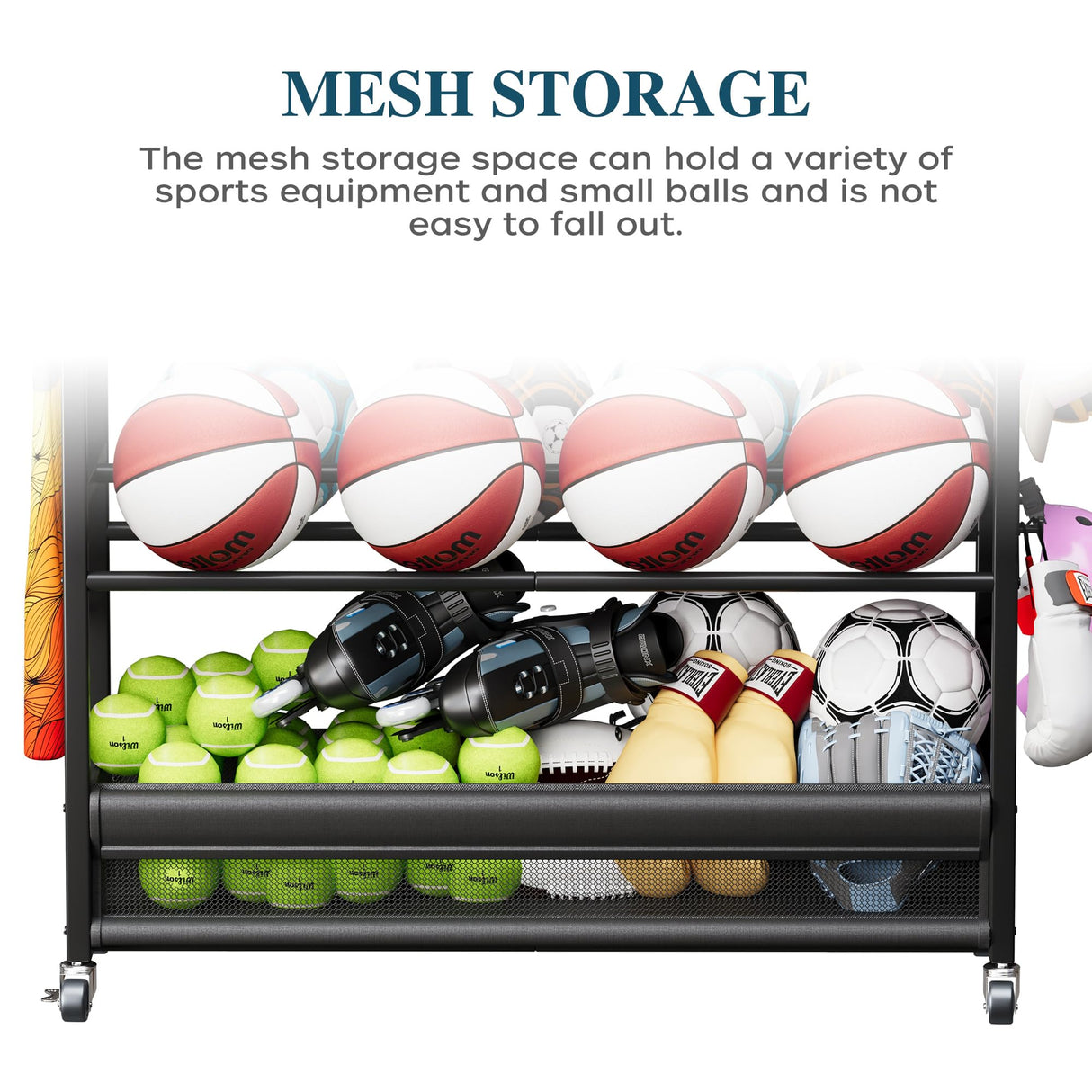 Homeiju Sports Equipment Organizer, Ball Storage Rack, Garage Sports Gear Rack with Wheels and Hooks, Indoor/Outdoor Shelf Rack for Sports Gear, Black Homeiju