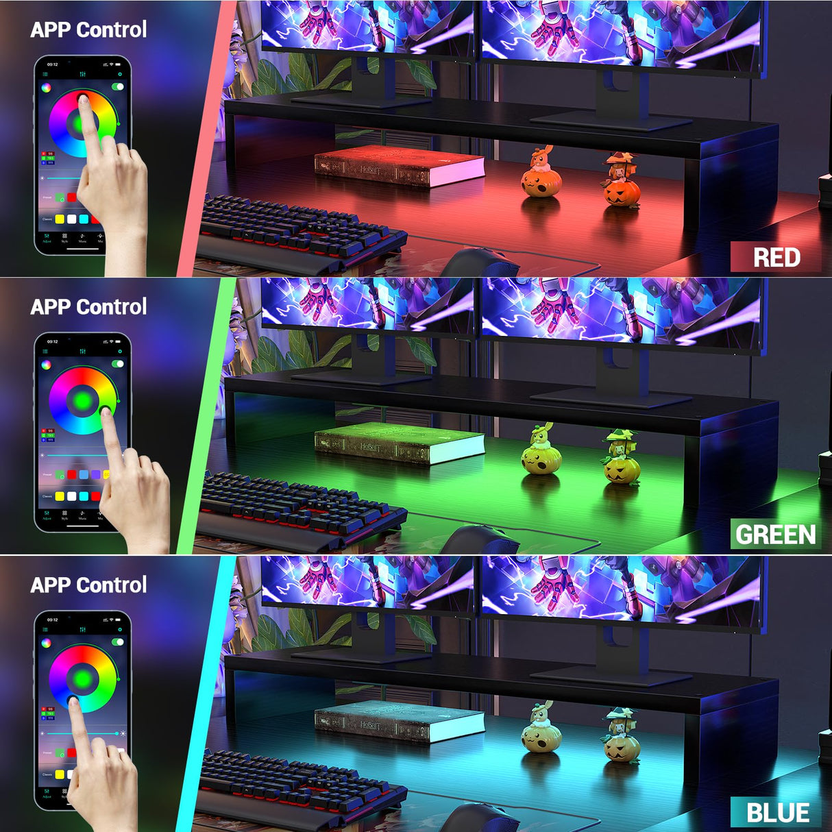 armocity Computer Desk with LED Lights, 48 Inch Reversible Large Desk with Power Outlet and USB, 48'' Gaming PC Table with Moveable Monitor Stand for Home Office, Workstation, Black armocity