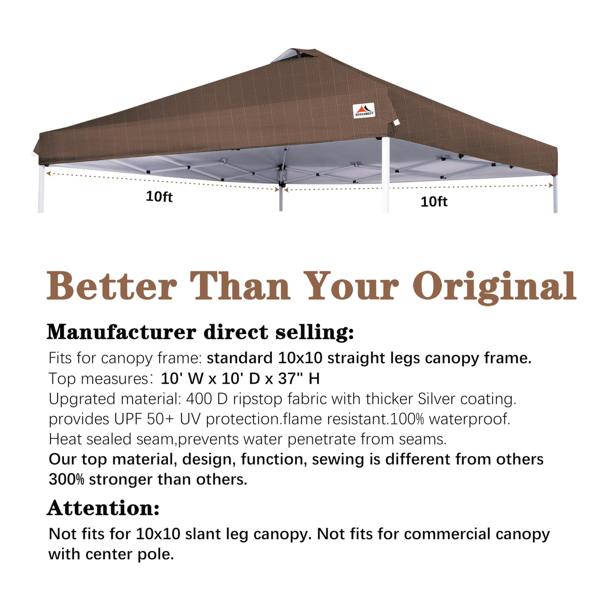 SCOCANOPY Replacement Top with Air Vent for 10x10 Canopy Frame, Canopy Cover ONLY, (Brown Ripstop) SCOCANOPY