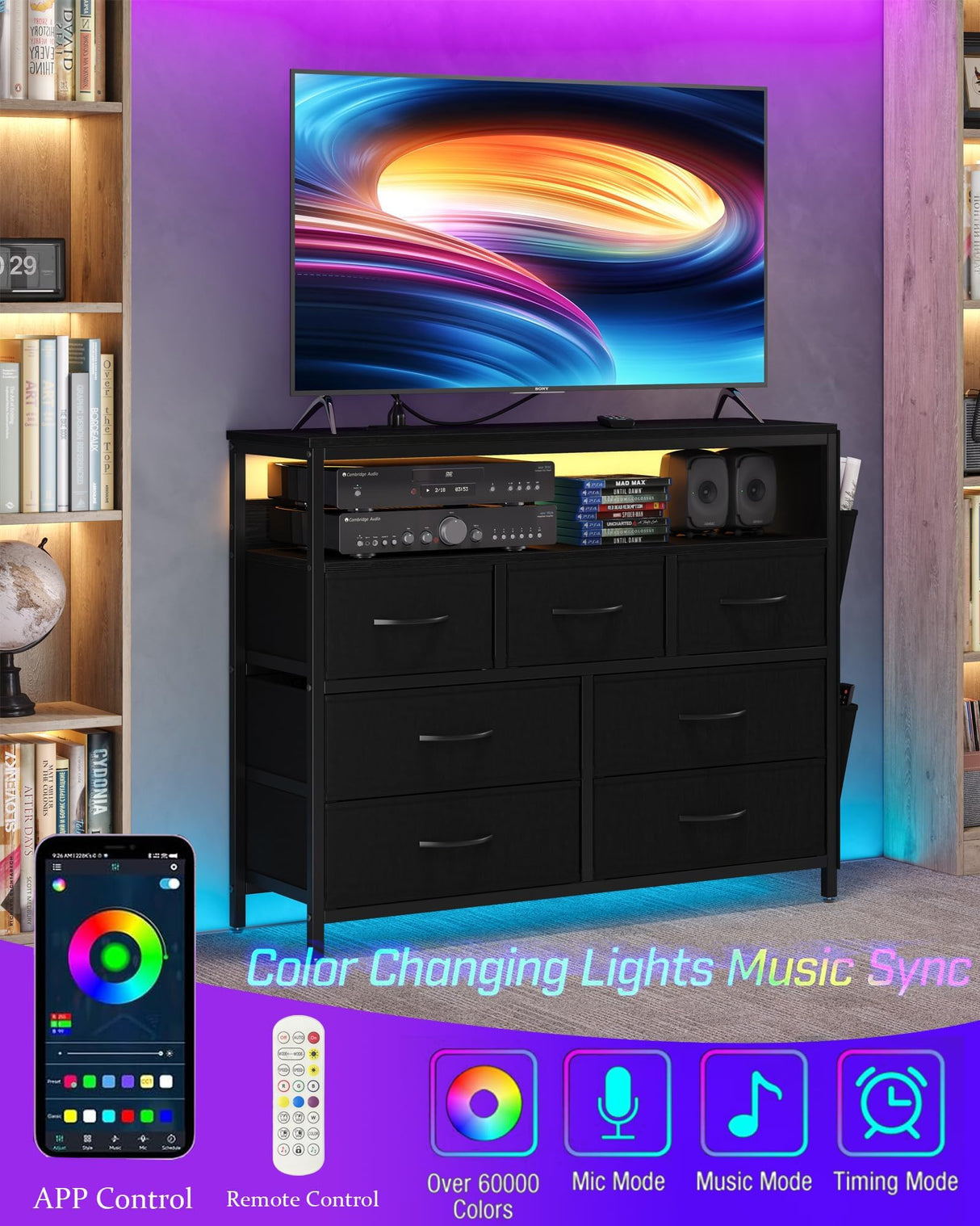 CollaredEagle 7 Drawer Dresser with Charging Station, TV Stand Fabric Storage Tower for Bedroom,Storage Drawers with LED, Wooden Top for TV up to 43 inch, for Bedroom, Living Room, Entryway, Black CollaredEagle