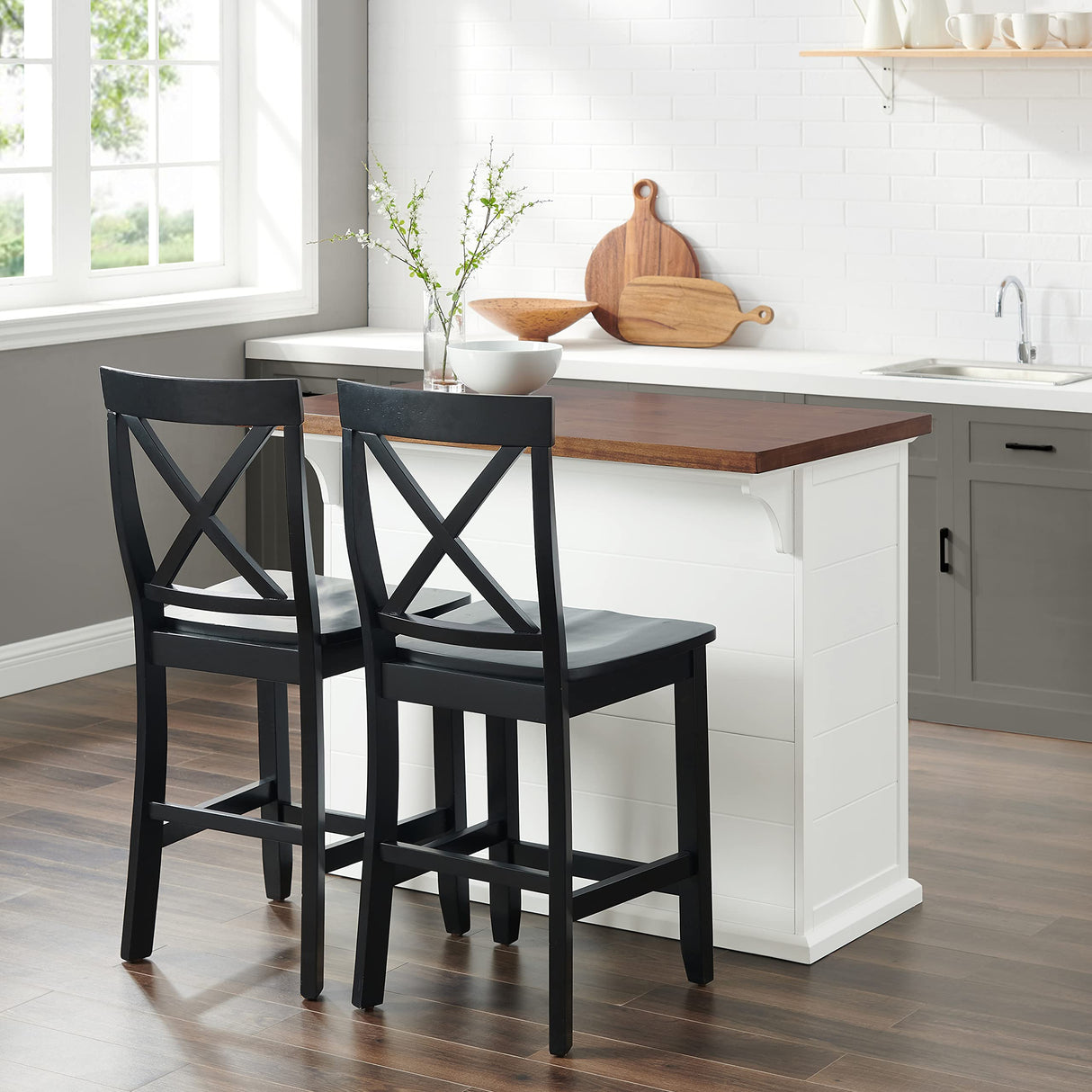 Crosley Furniture Bartlett Kitchen Island with Wood Top and X-Back Stools, White/Black Crosley Furniture