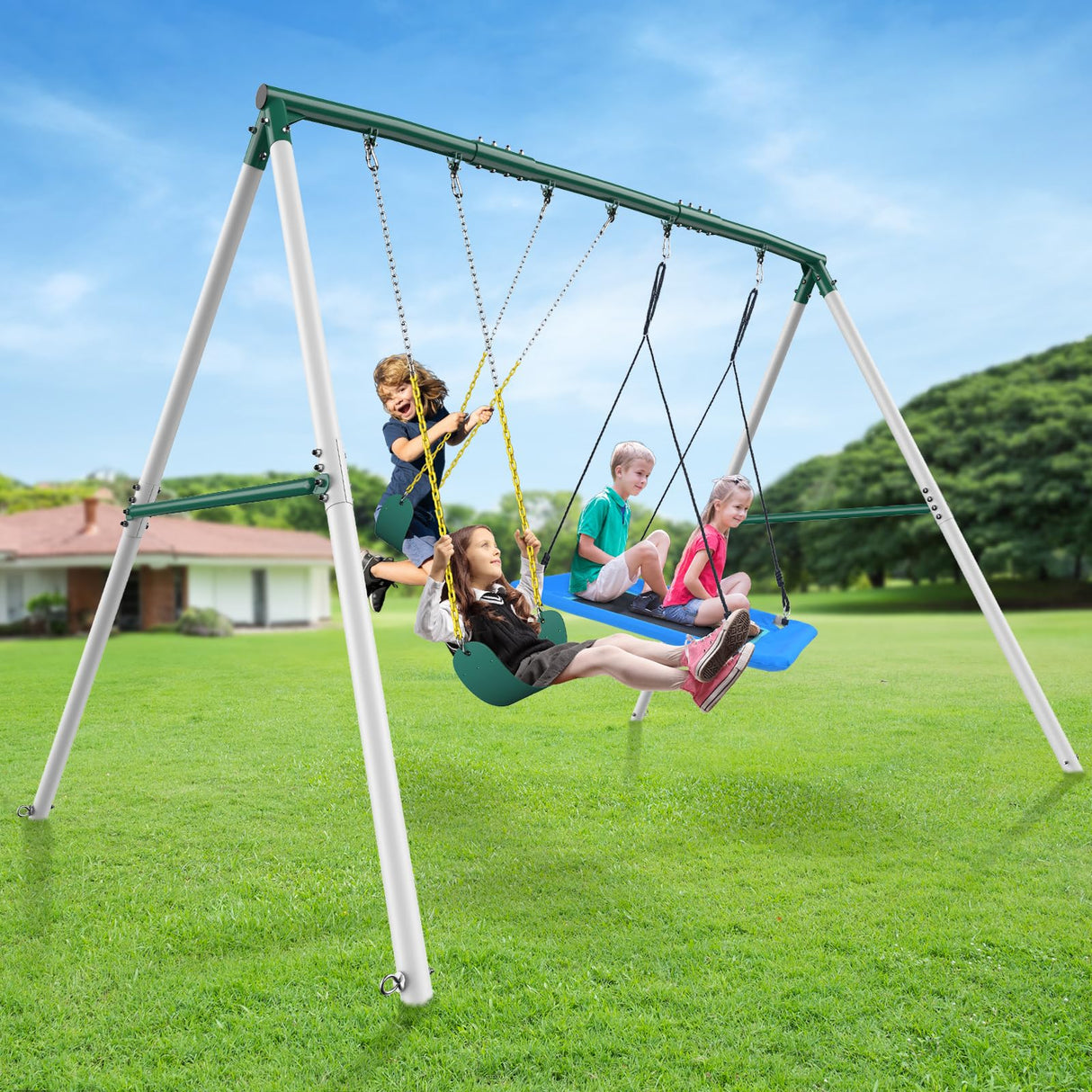 Hapfan 7.3ft Tall Heavy Duty Swing Set, 3 Swings Metal Swing Sets for Backyard, Big Kids Playset for Playground Outdoor Hapfan