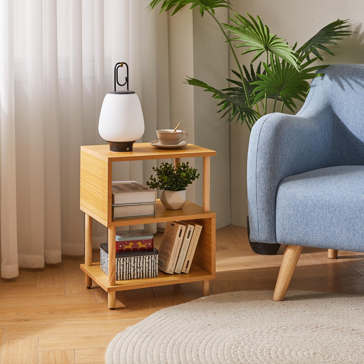 Aibiju Wooden Night Stand with Open Shelf, Nightstand with Solid Wood Legs, S-Shaped Bed Side Table 3 Tier,20 inch High End Table Natural Wood YD-TM152N Aibiju