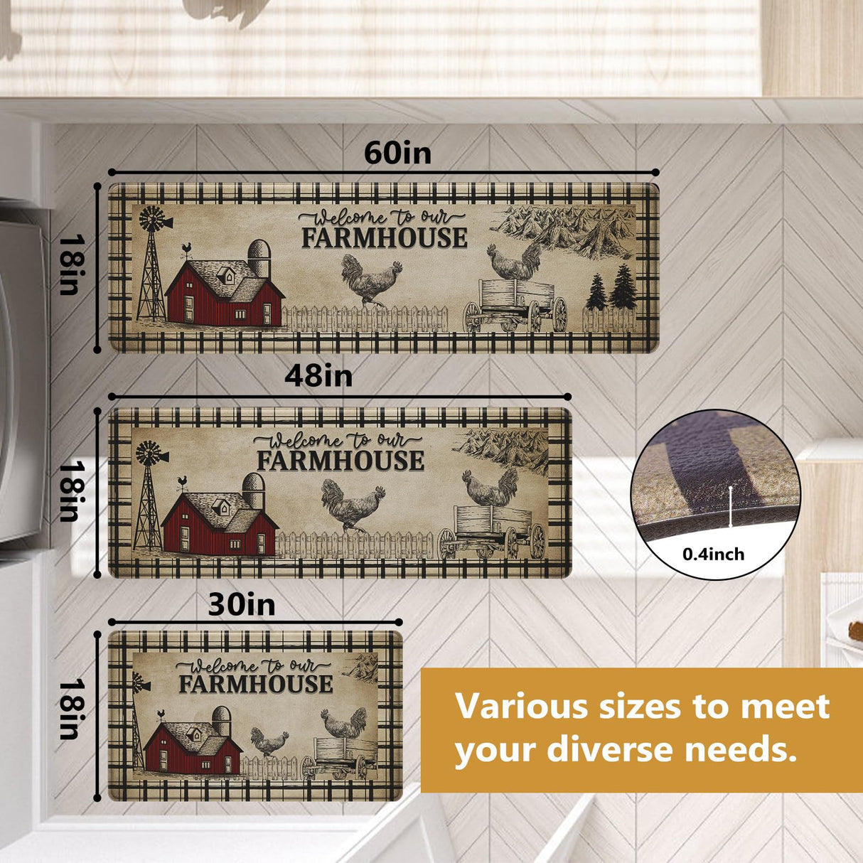 CHICNOOK PVC Farmhouse Kitchen Rugs Anti Fatigue 3 Piece, Washable Non-Skid Kitchen Mat, Farmhouse Rooster Kitchen Floor Mat, Cushioned Kitchen Floor Mats, Size 18'' x 30''+18" x 48"+18" x 60" CHICNOOK