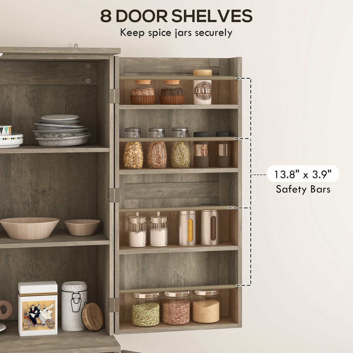 HOMCOM 72" Farmhouse Kitchen Pantry Cabinet, Freestanding Tall Storage Cabinet with 4 Barn Doors, 4 Adjustable Shelves and 8 Door Shelves, Gray Wash HOMCOM