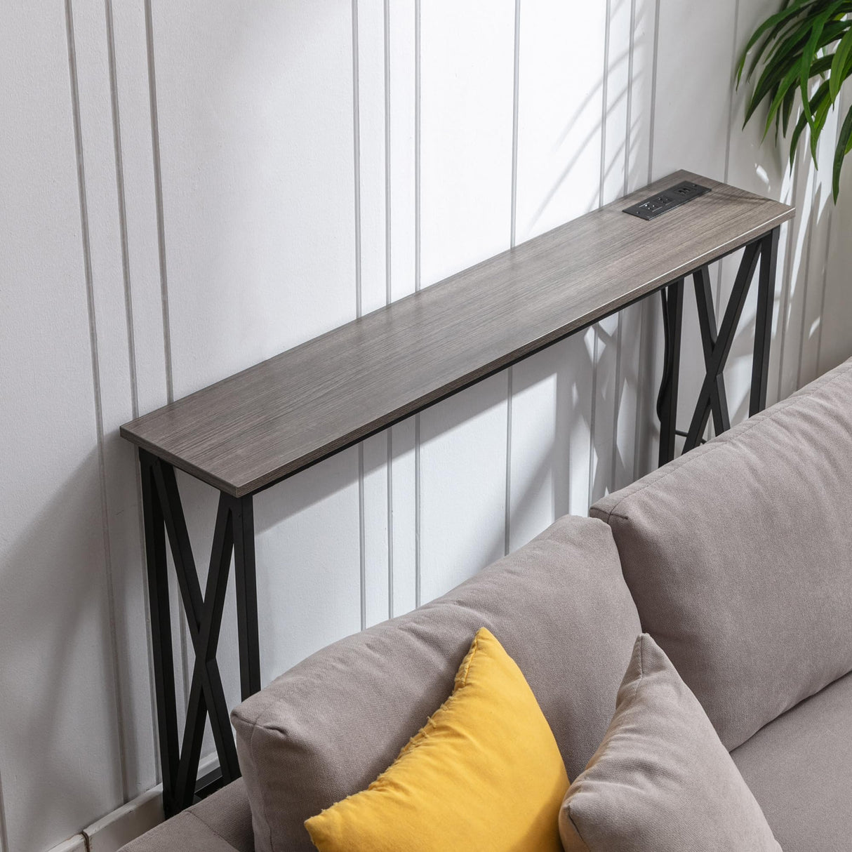 Forevich Console Table Sofa Entryway Couch Table with USB Power Outlet for Living Room Hallway Mesh Shelf 47 Inch Grey Oak Forevich