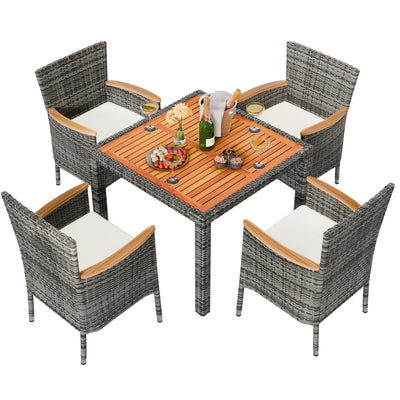 Shintenchi 5 Piece Patio Dining Set, Wicker Patio Conversation Set with Wooden Table Top, Outdoor Table and Chairs with Soft Cushions for Backyard, Deck and Garden, Grey Wicker