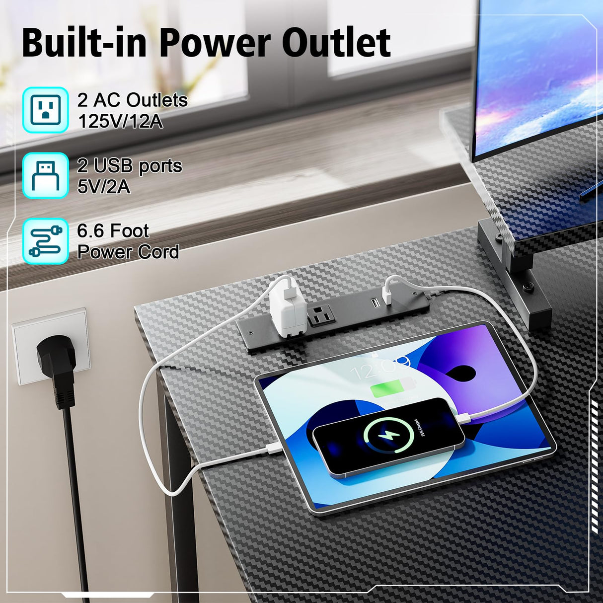 OMICON Computer Desk with LED Light, 42-55 Inch Gaming Desk with Reversible Storage Shelves, Office Desk with Power Outlets Corner Desk for Home Office, Small Space Desk Black Carbon Fiber (42) DOMICON