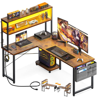 AODK L Shaped Desk Gaming Desk with LED Light & Power Outlet, 53 Inch Reversible L Shaped Computer Desk with Shelf, Corner Desk with Storage Bag&Hook for Home Office Desk, Vintage
