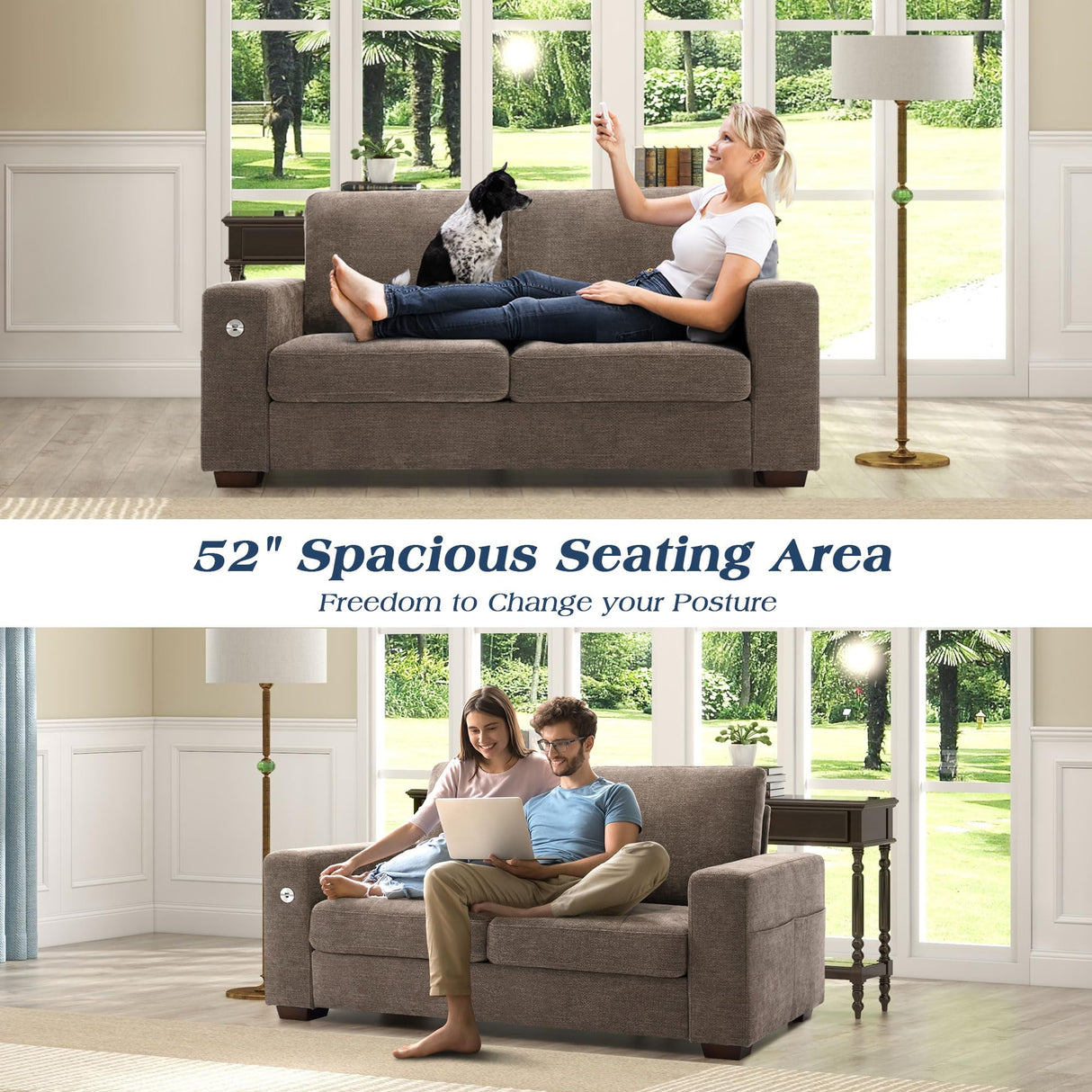 WorthFurni 70 Inch Sofa Couch, Modern Loveseat Couch with Removable Covers and USB Ports, Large Chenille Comfy Sofa for Living Room, Oversized Loveseat Sofa for Apartment(Brown) WorthFurni