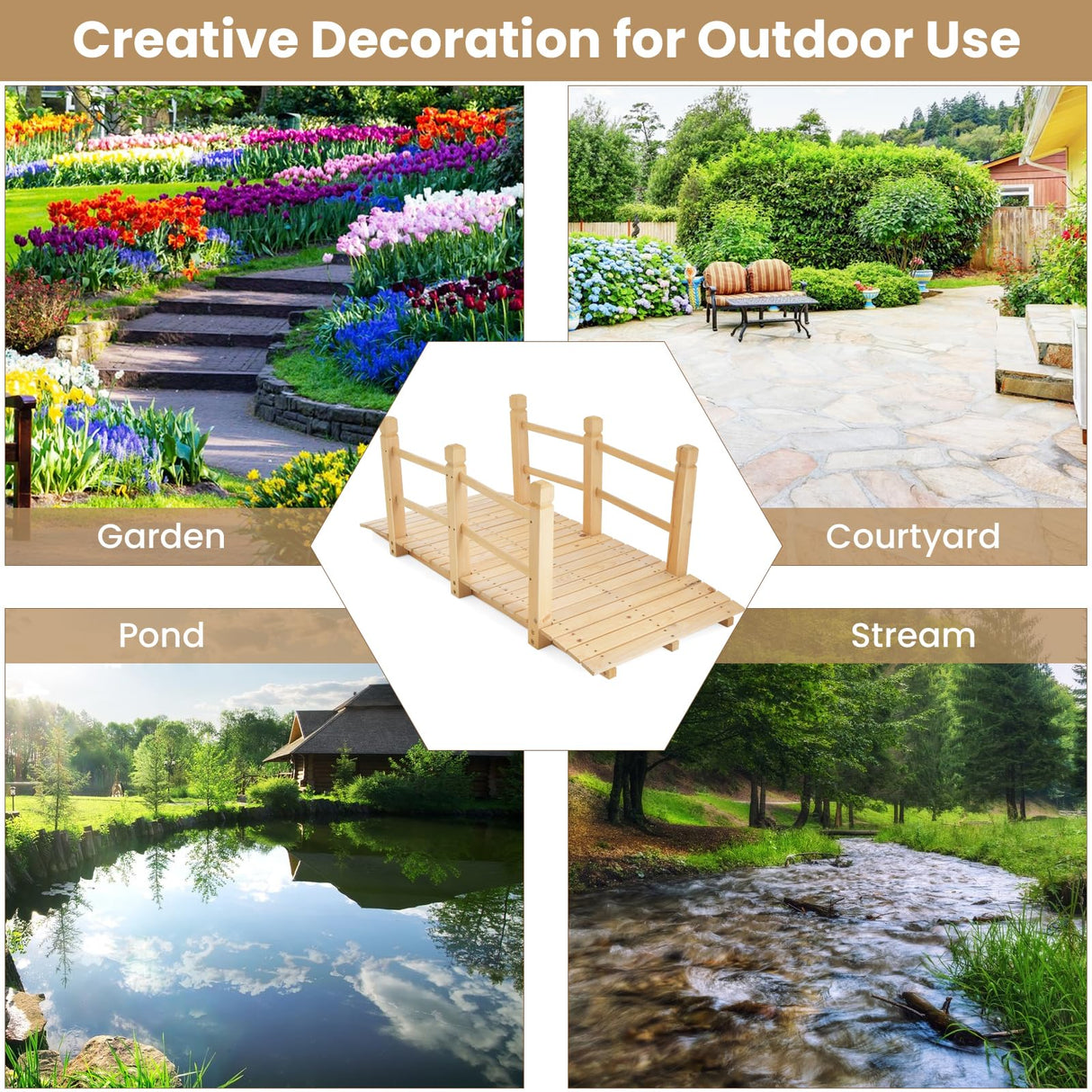 HAPPYGRILL 5FT Wooden Garden Bridge, Decorative Landscaping Bridge with Classic Arc Footbridge & Double Safety Railings, Garden Bridges for Outdoors, Backyard, Garden Farm (Natural) HAPPYGRILL