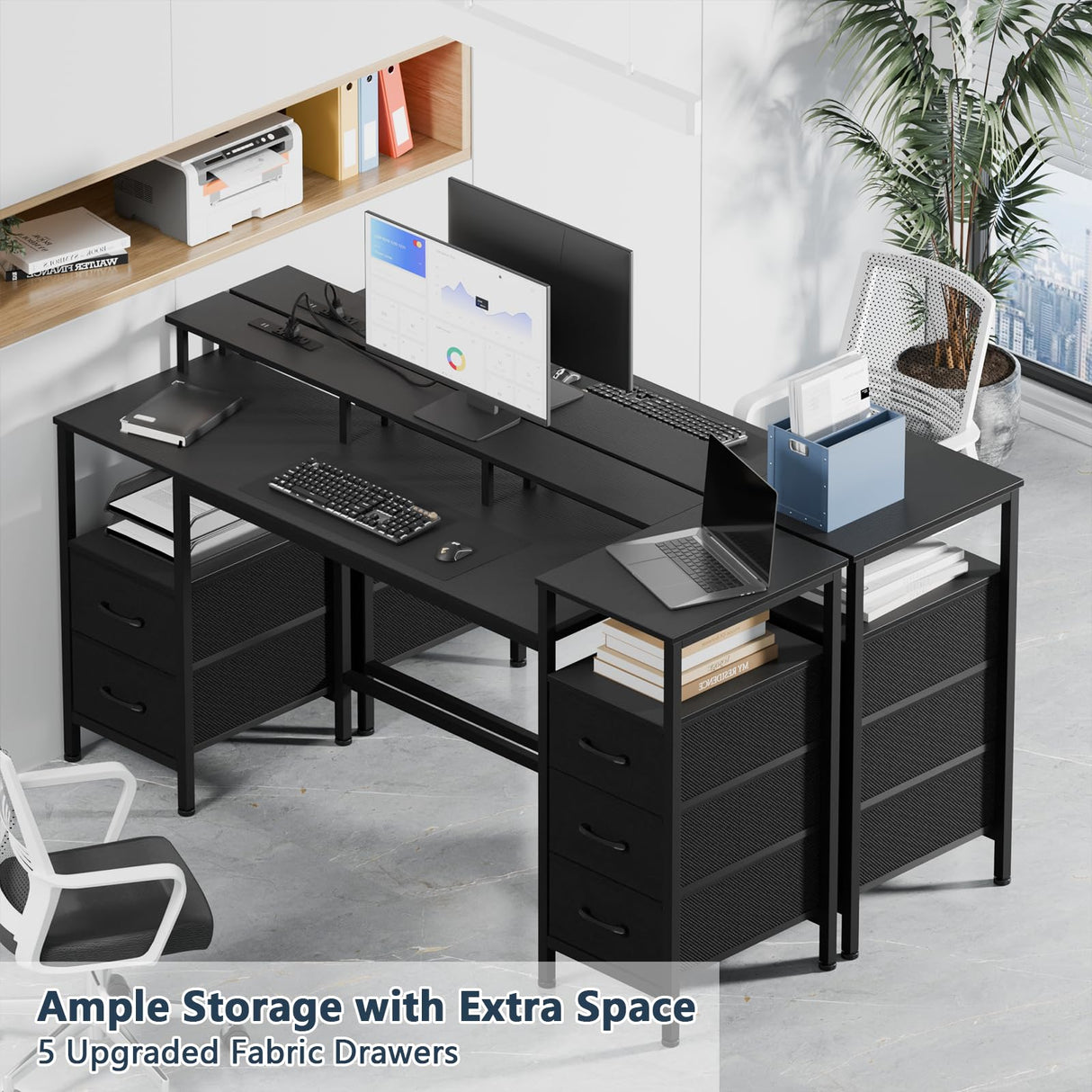 Korfile Computer Desk with Power Outlets & LED Lights, Gaming Desk with 5 Fabric Drawers for Bedroom, 55 Inch Home Office Desk with Monitor Stand & Storage Shelves for Working, Black Korfile