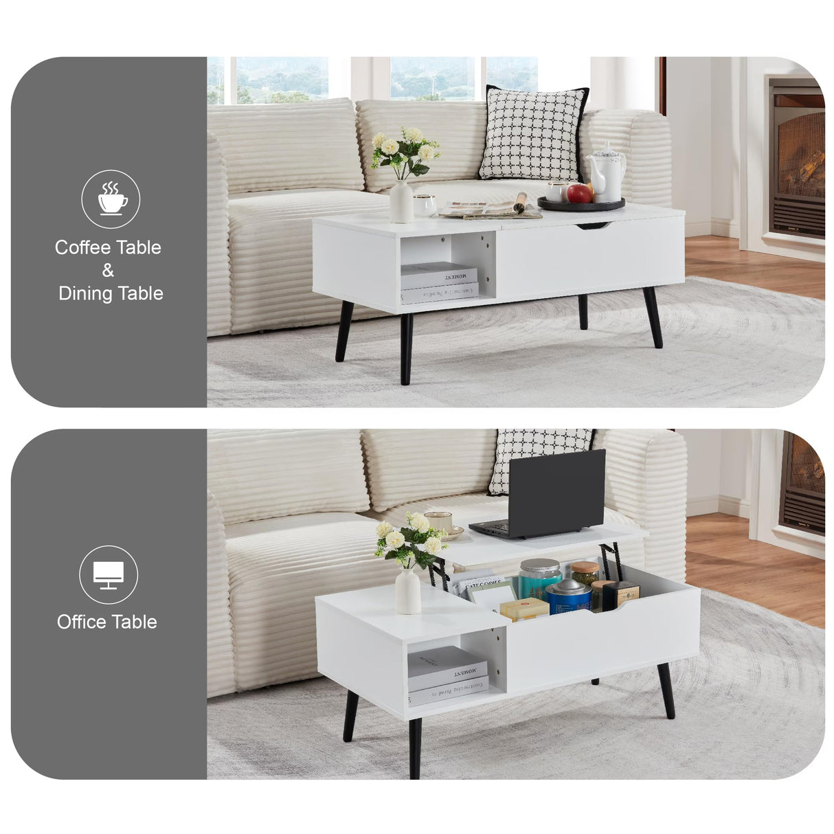 Softa Coffee Tables for Living Room, Wood Lift Top Coffee Table with Storage Shelf and Hidden Compartment, Dining Center Pop-up Table for Home, Office(White) Softa