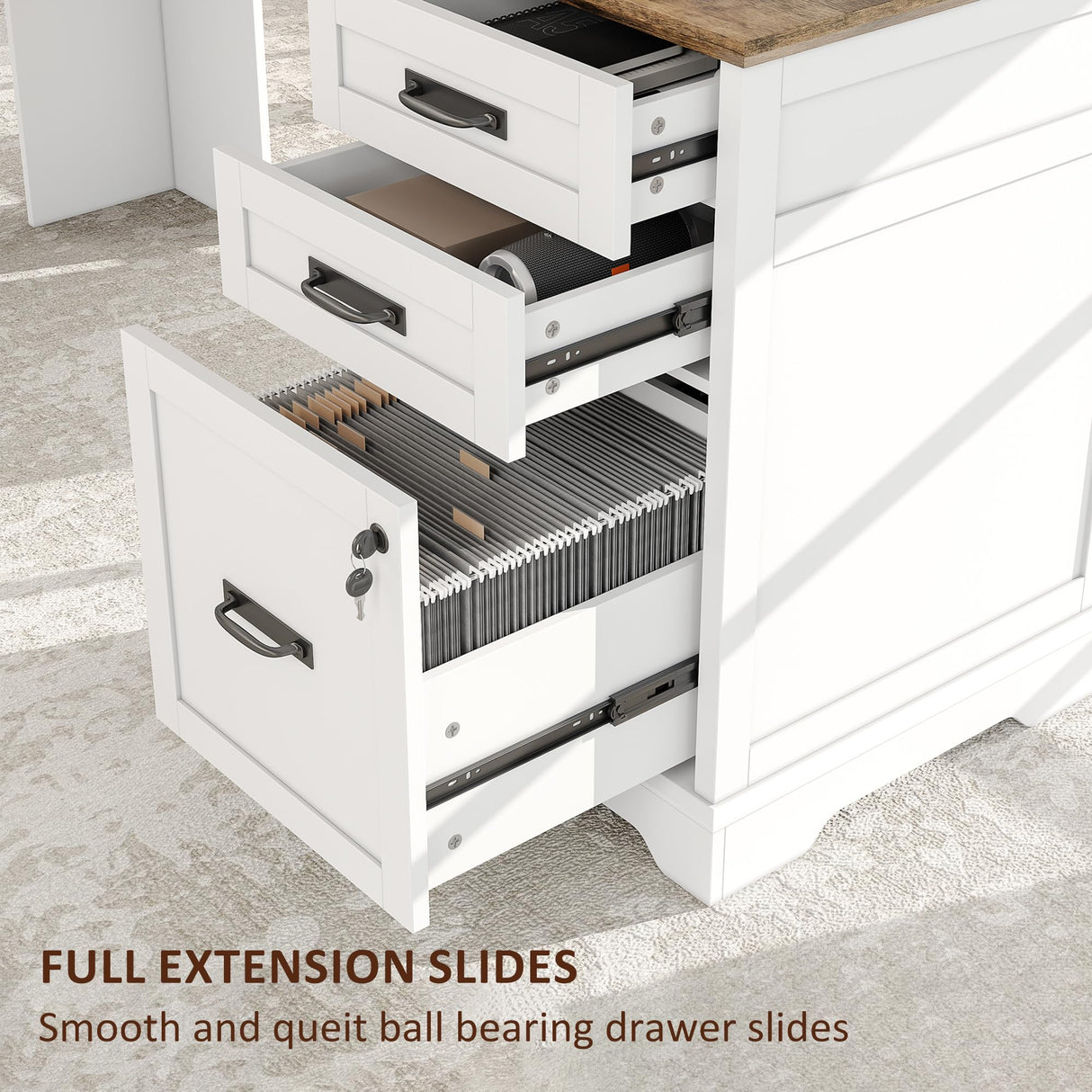 Whalefall Farmhouse L Shaped Desk with Drawers, 67 Inch Executive Home Office Desk with File Cabinet, Computer Corner Desk with Charging Station, White Whalefall