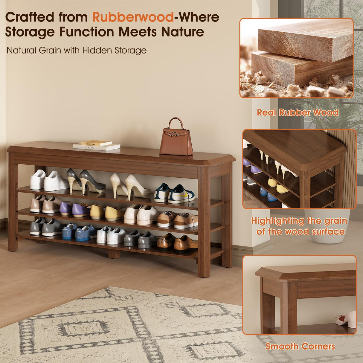 Shoe Bench for Entryway Wood Shoe Rack Bench with Storage 3-Tier Adjustable Shelf Holds up to 550lbs Indoor Bench for Small Spaces, Bedroom, Hallway, Front Door Entrance IUNVR