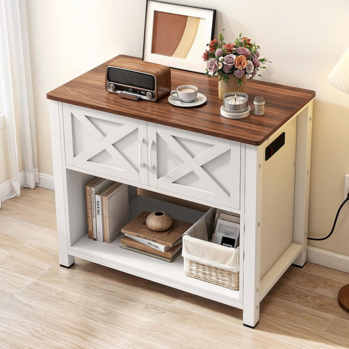 YITAHOME Farmhouse TV Stand for 40 Inch with Power Outlet, Wooden TV Media Console with Storage Cabinet for 660lbs, Rustic Entertainment Center Table TV Cabinet for Living Room, White Oak YITAHOME