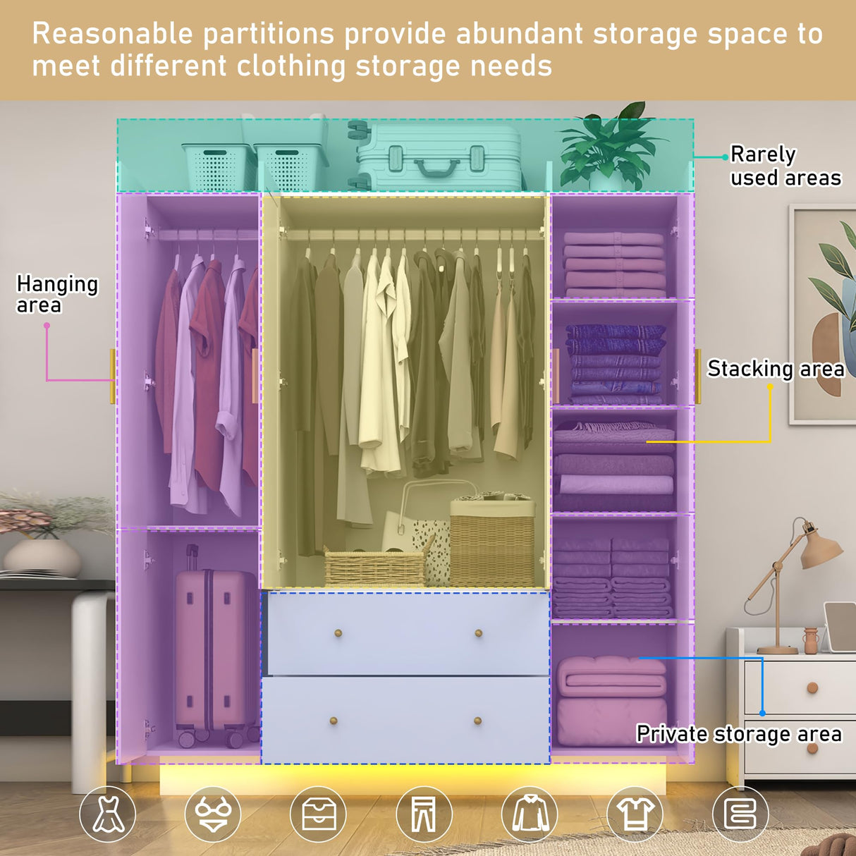 jiteentarou 4 Door Wardrobe Closet with Mirrors and LED Lights, Bedroom Armoire with Drawers and Shelves, Modern Wooden Armoire Wardrobe Closet with Hanging Rod for Bedroom, White jiteentarou