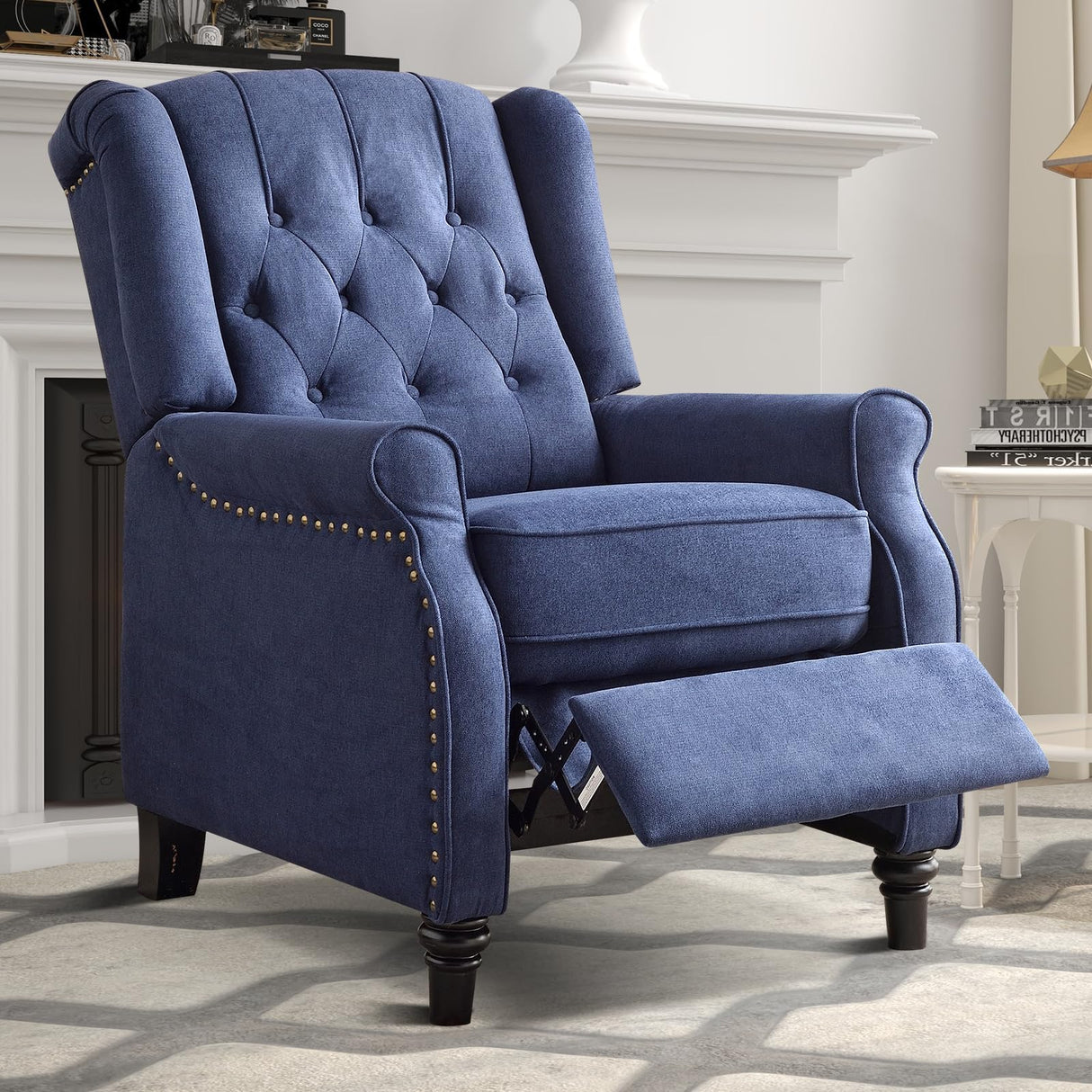 EBELLO Pushback Recliner Chair, Fabric Armchair Push Back Recliner with Rivet Decoration, Single Sofa Accent Chair for Living Room, Bedroom, Navy Blue EBELLO