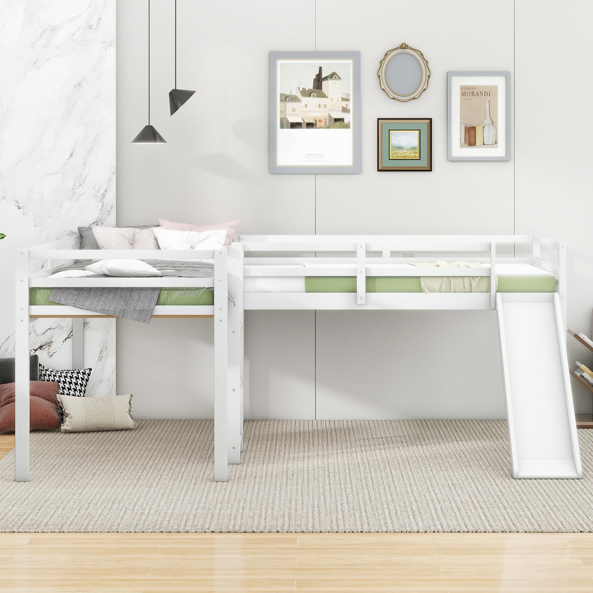 Two Loft Bed L Shaped Twin Bunk Bed with Ladders and Slide, Bunk Bed for Family, Kids, Teens, No Box Spring Needed Flieks