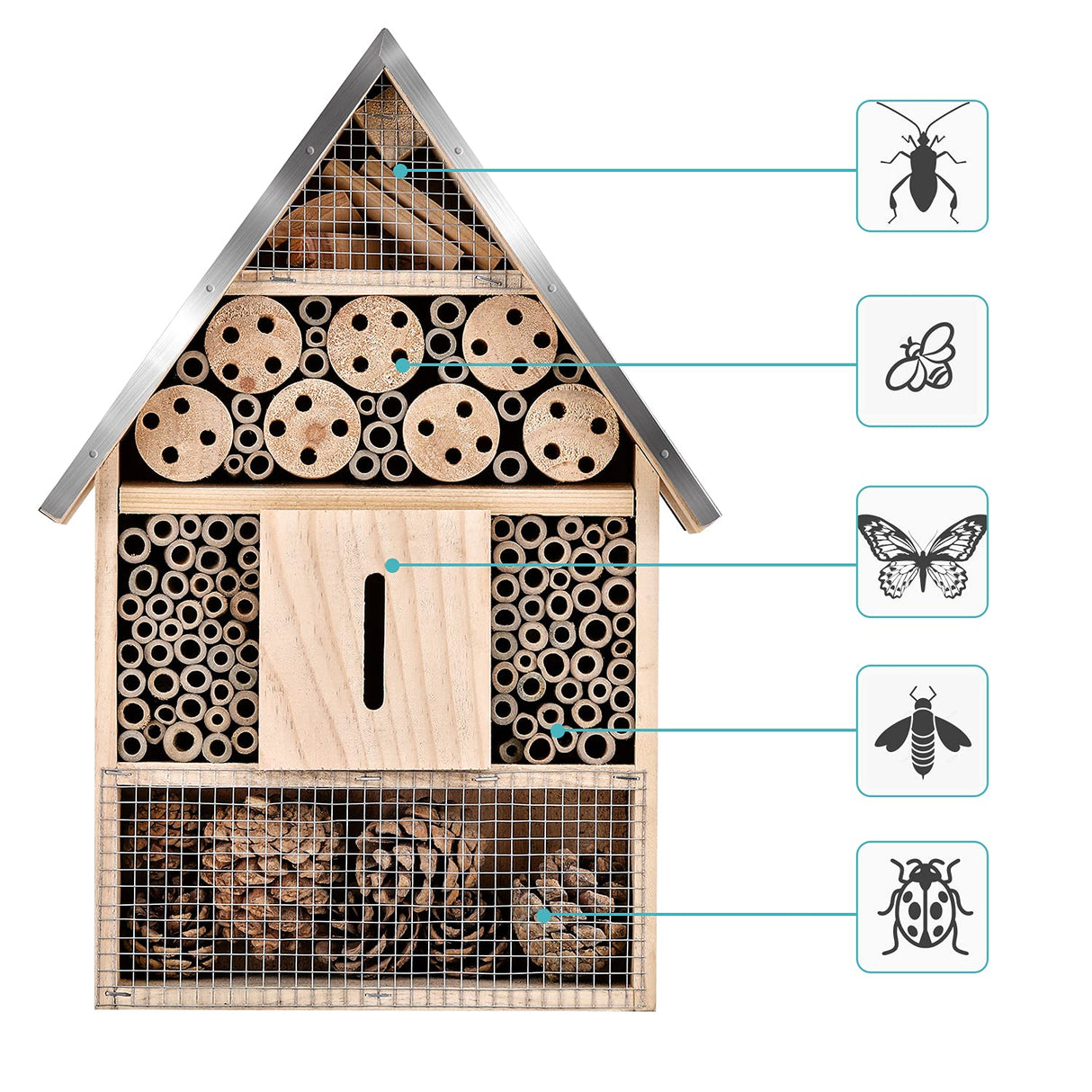 Elipark Wooden Mason Insect Bee Butterfly House,Insect Hotel,an Outdoor Hanging Bamboo Habitat for Bee Butterfly Ladybugs Live,Bee Box,Butterfly Habitat for Garden,9 x 15.7 x 2.5 Inch Elipark