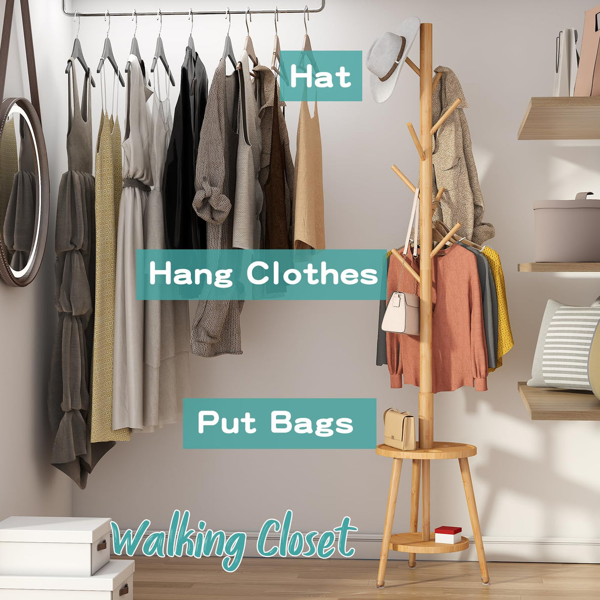 Coat Rack, Bamboo Wood Coat Freestanding with Umbrella Holder, Adjustable Height Coat Stand with 8 Hooks, kids coat rack, Used In The Bedroom Living Room, Office To Hang Clothes, Hats, Bags (Natural) Vriccc