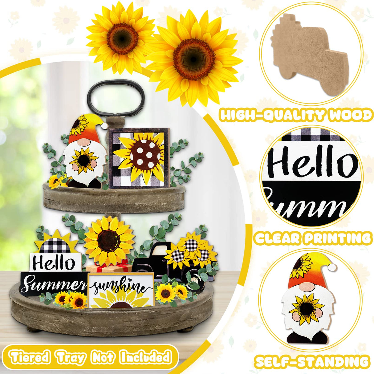 Guoofu Summer Tiered Tray Decor, Farmhouse Sunflower Tray Decorations, Hello Spring Summer Sunflower Gnome Sunshine Truck Wooden Signs, Buffalo Plaid Rustic Home Decor for Table Mantel Office Party Guoofu