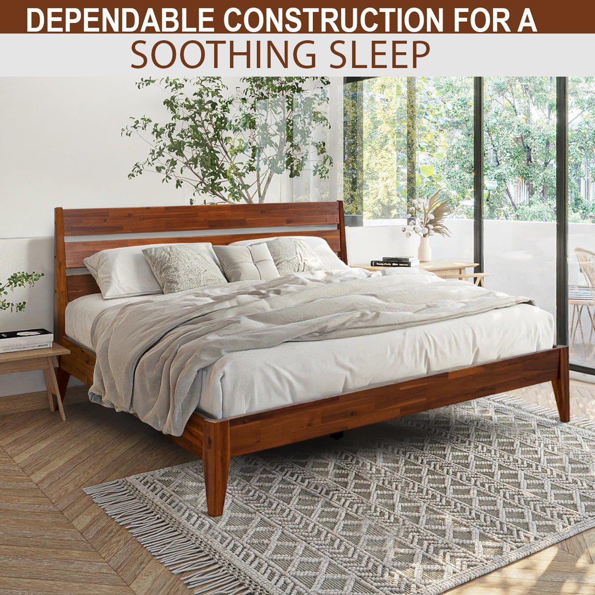 Acacia Emery Bed Frame with Headboard Solid Wood Platform Bed, King Size Bed Frame, Mid - Century Modern Wood Bed Compatible with All Mattresses, Easy Assembly, Non-Slip, Chocolate. A ACACIA FURNITURE