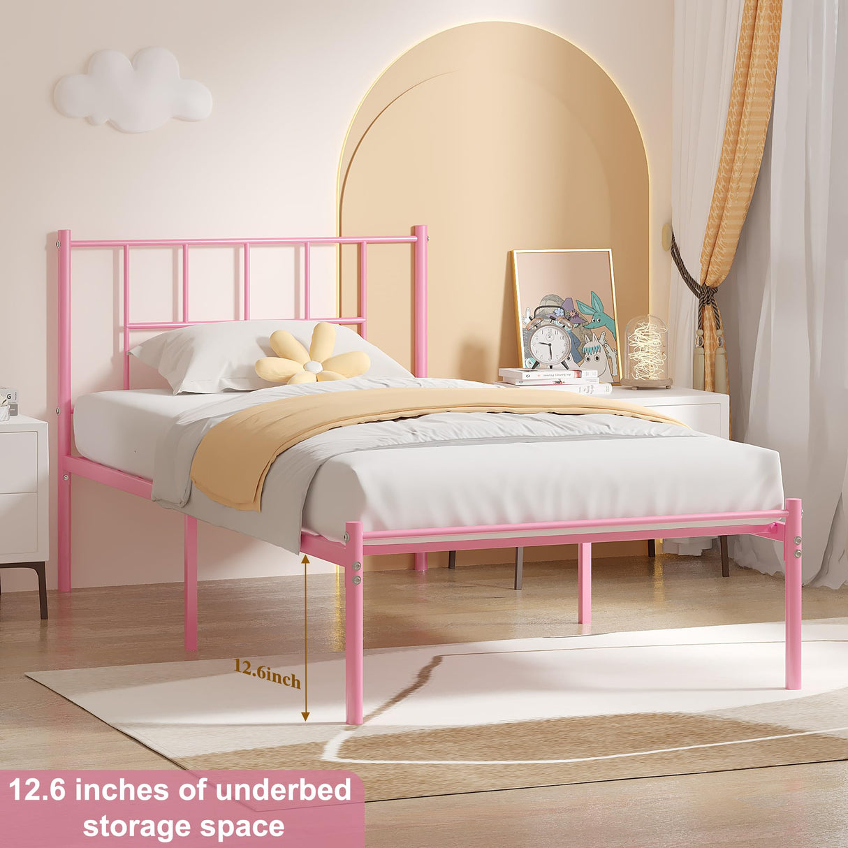 VECELO Twin Metal Platform Bed Frame with Headboard, Heavy Duty Steel Slat Support, Under Bed Storage,No Box Spring Needed, Easy Assembly VECELO