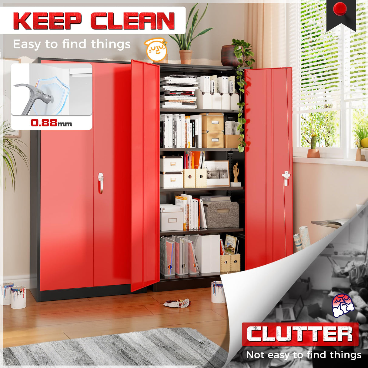 Pataku Metal Storage Cabinet, 71" Garage Cabinet with Doors and Shelves Lockable Steel Multifunctional Cabinet, Tool Cabinet for Garage, File Cabinet for Home, Office, Warehouse(Black Red) Pataku