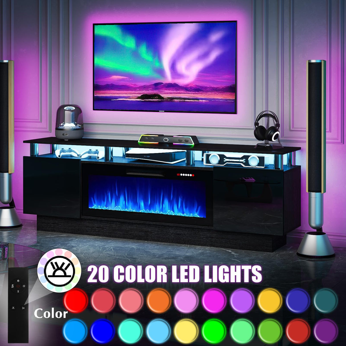 PRETZI 70" Modern Fireplace TV Stand with 36" Electric Fireplace for TVs Up to 80 inch, Luxury LED Light Entertainment Center with High Gloss Cabinet, TV Consoles for Living Room, Black PRETZI